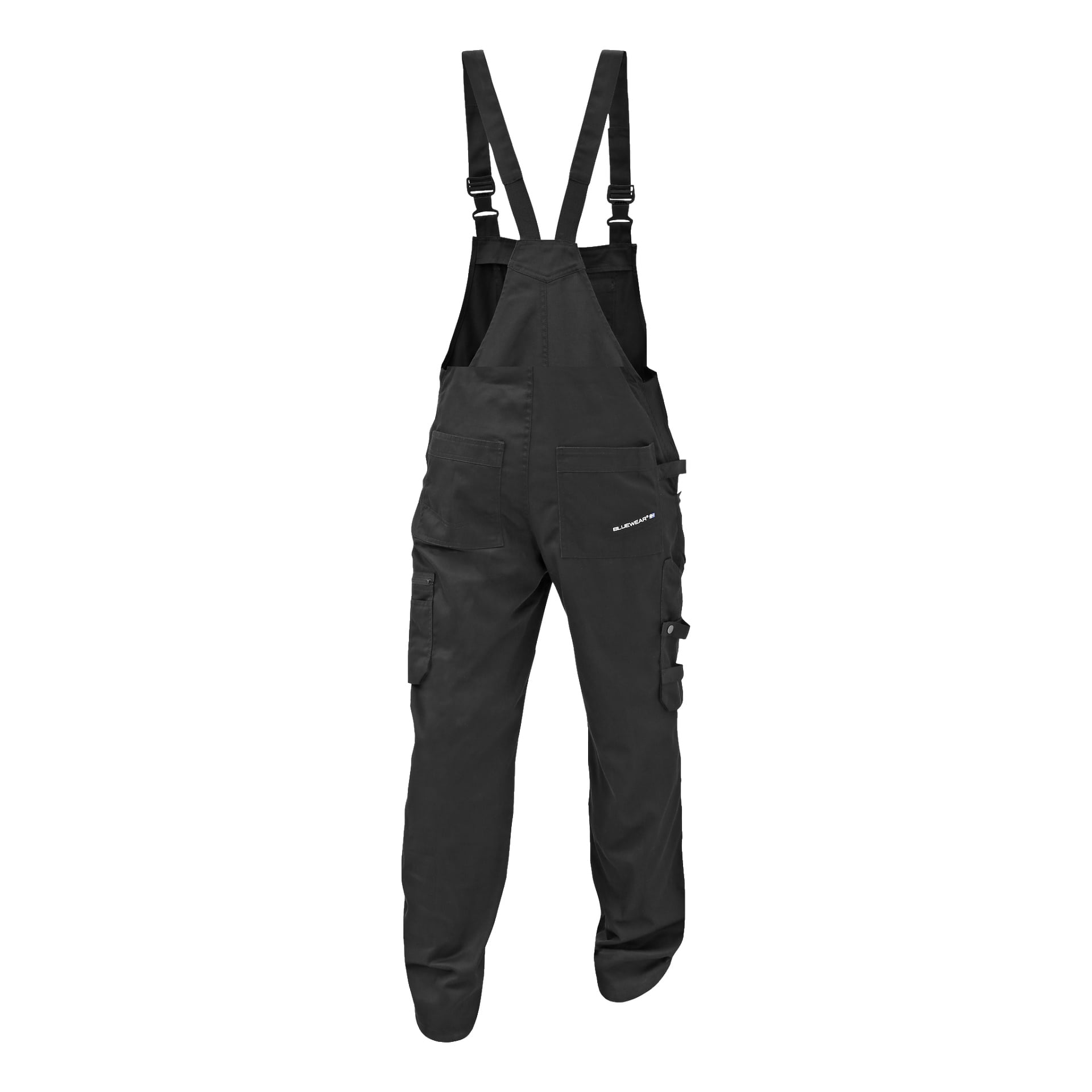 Ett par svarta Bluewear Harry-overaller för herrar med justerbara axelremmar, flera fickor och rak bensklippning.