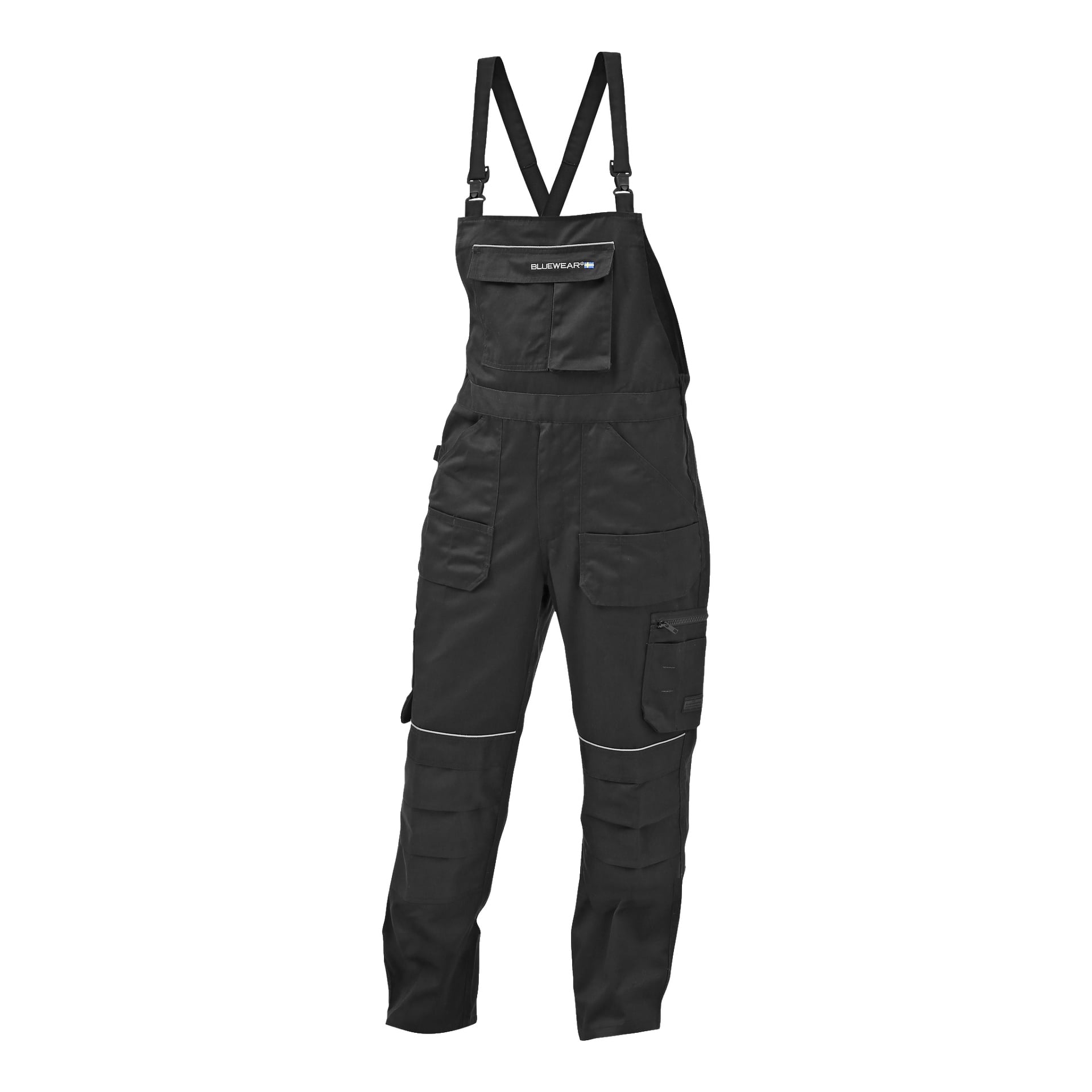 Herrarnas Harry-hängselbyxor från Bluewear med flera fickor, justerbara axelremmar, en frontflik med Bluewear-loggan och förstärkta knän.