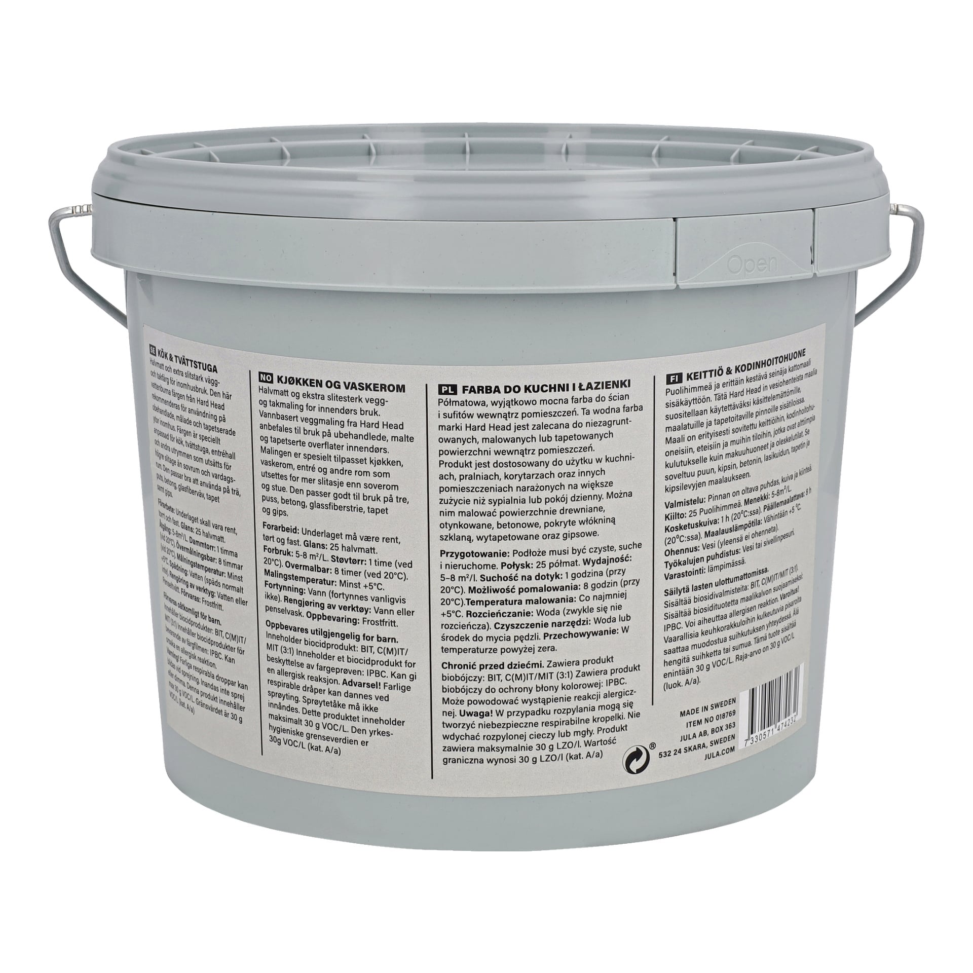 En grå plasthink för köksfärg från Hard Head med lock och metallhandtag visar instruktioner, användningsanvisningar, ingredienser och säkerhetsinformation på etiketten i kolumner. Etiketten innehåller citerad text som användning, ingredienser och säkerhetsinformation.