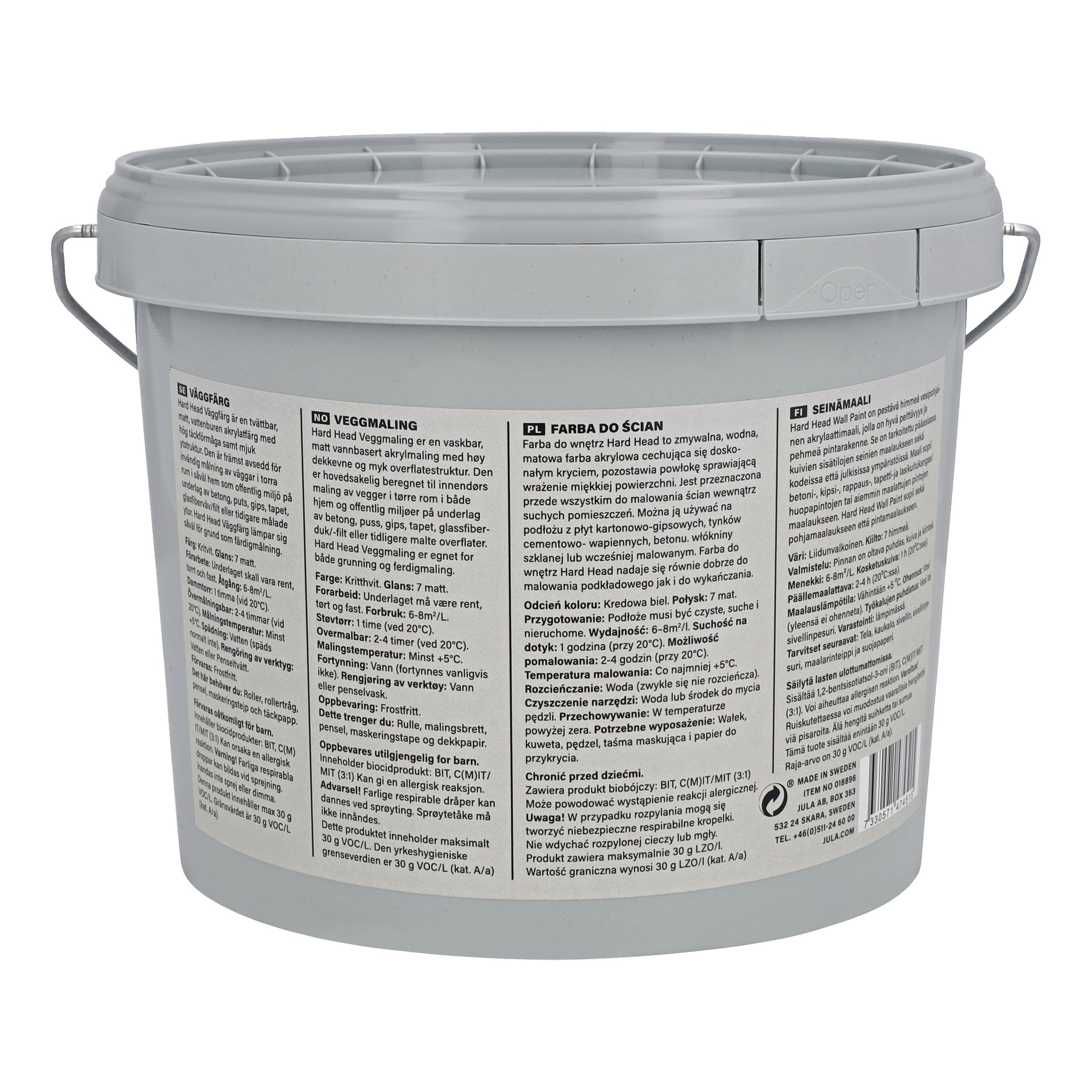 En grå plasthink med Hard Head Wall Paint med lock och handtag, etikett fylld med produktinformation och instruktioner på större delen av ytan.