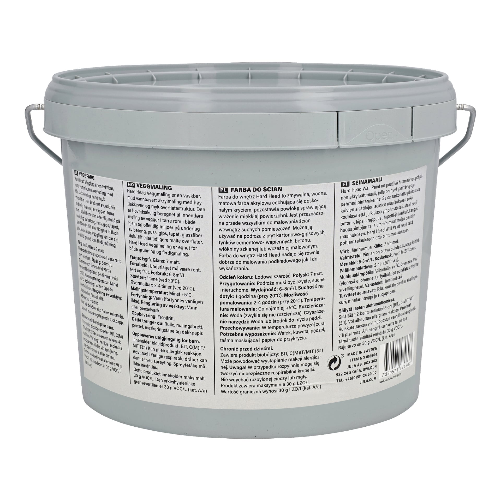 En grå plastfärgshink med lock och handtag, med en etikett som innehåller produktdetaljer och användningsinstruktioner för Hard Head Wall Paint. Etiketten innehåller flera textblock.