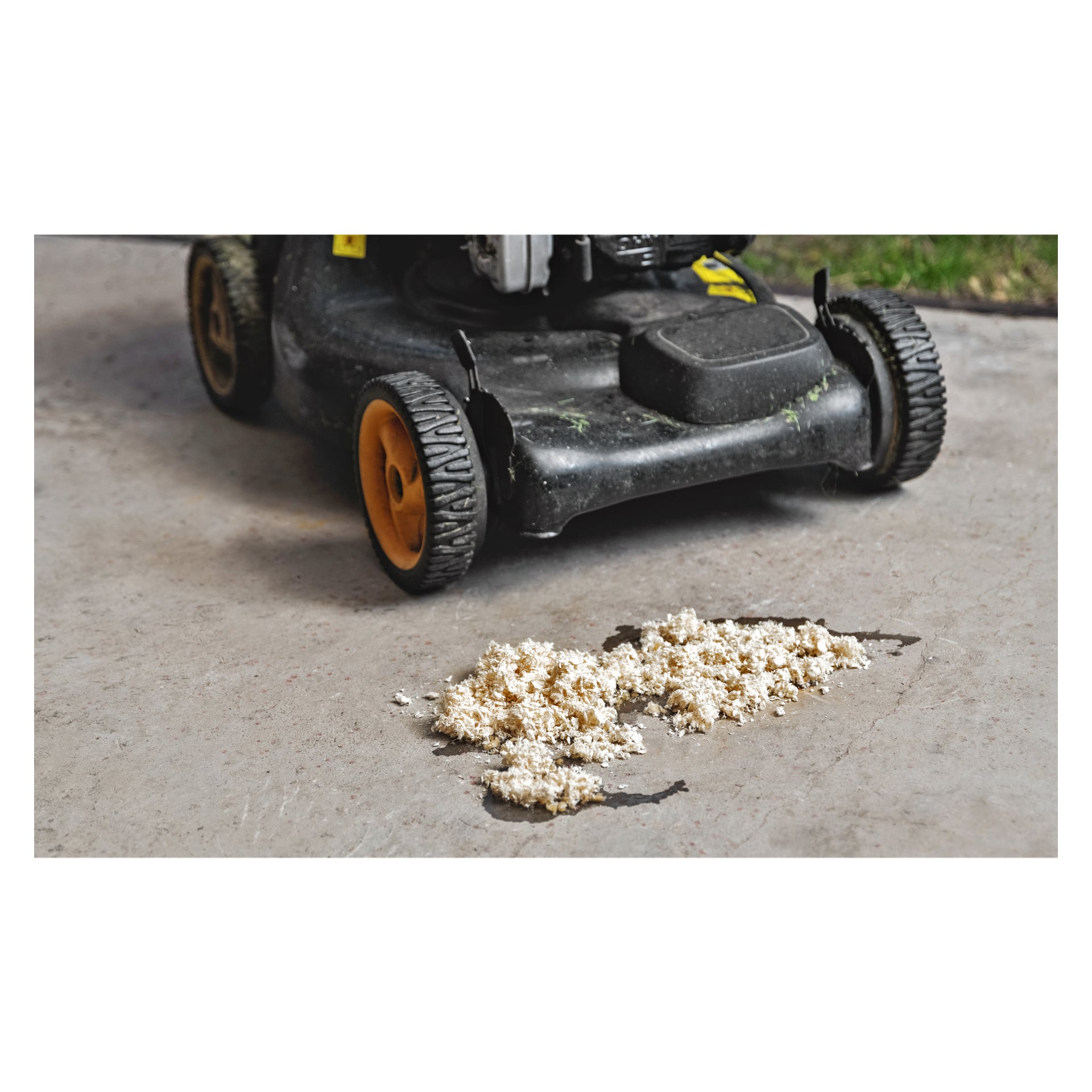 En hög av blek, fuktig spya ligger på betongen framför en svart gräsklippare med orange hjul. Grönt gräs och en gräsmatta syns i bakgrunden. Biosorbe Absorbant från Hamron rekommenderas för att rengöra röran.
