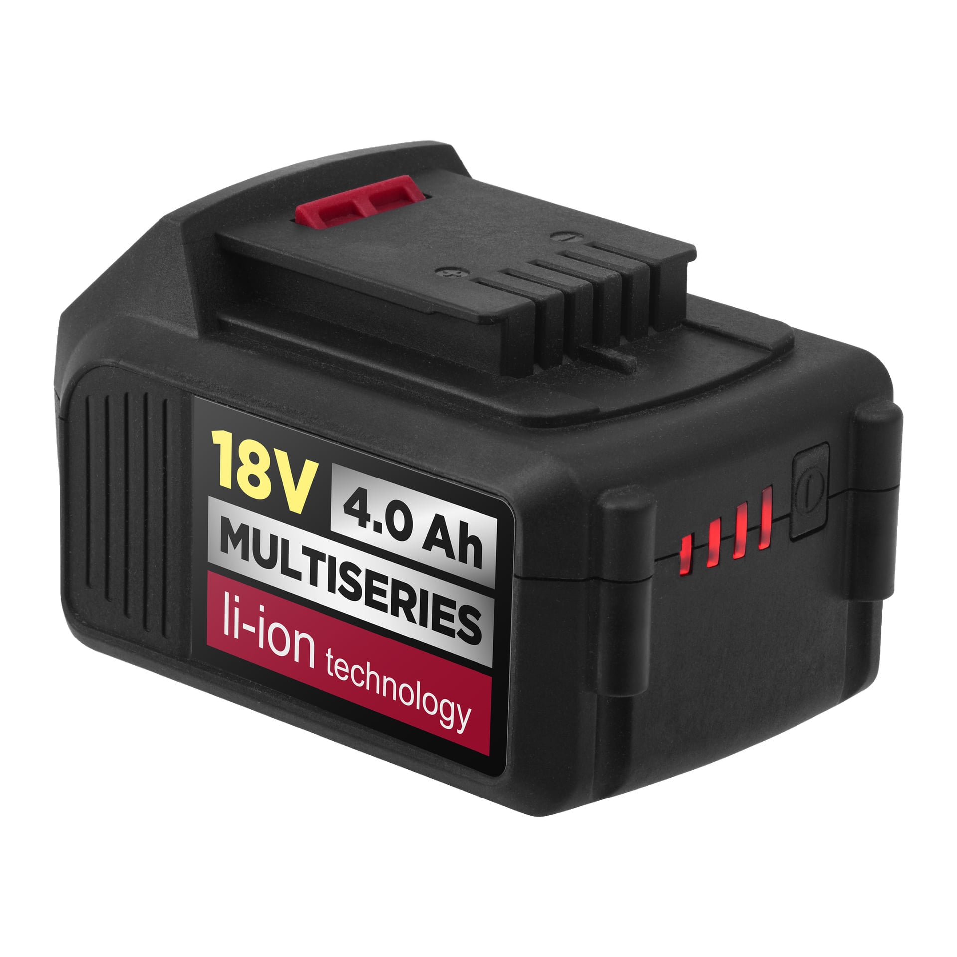 Ett svart uppladdningsbart batteri kompatibelt med Meec Tools Multiseries CS-18V HOME 500 motorsågskit, med en etikett som anger 18V 4,0 Ah och li-ion-teknologi, röda statuslampor på ena sidan och en räfflad kontakt upptill.
