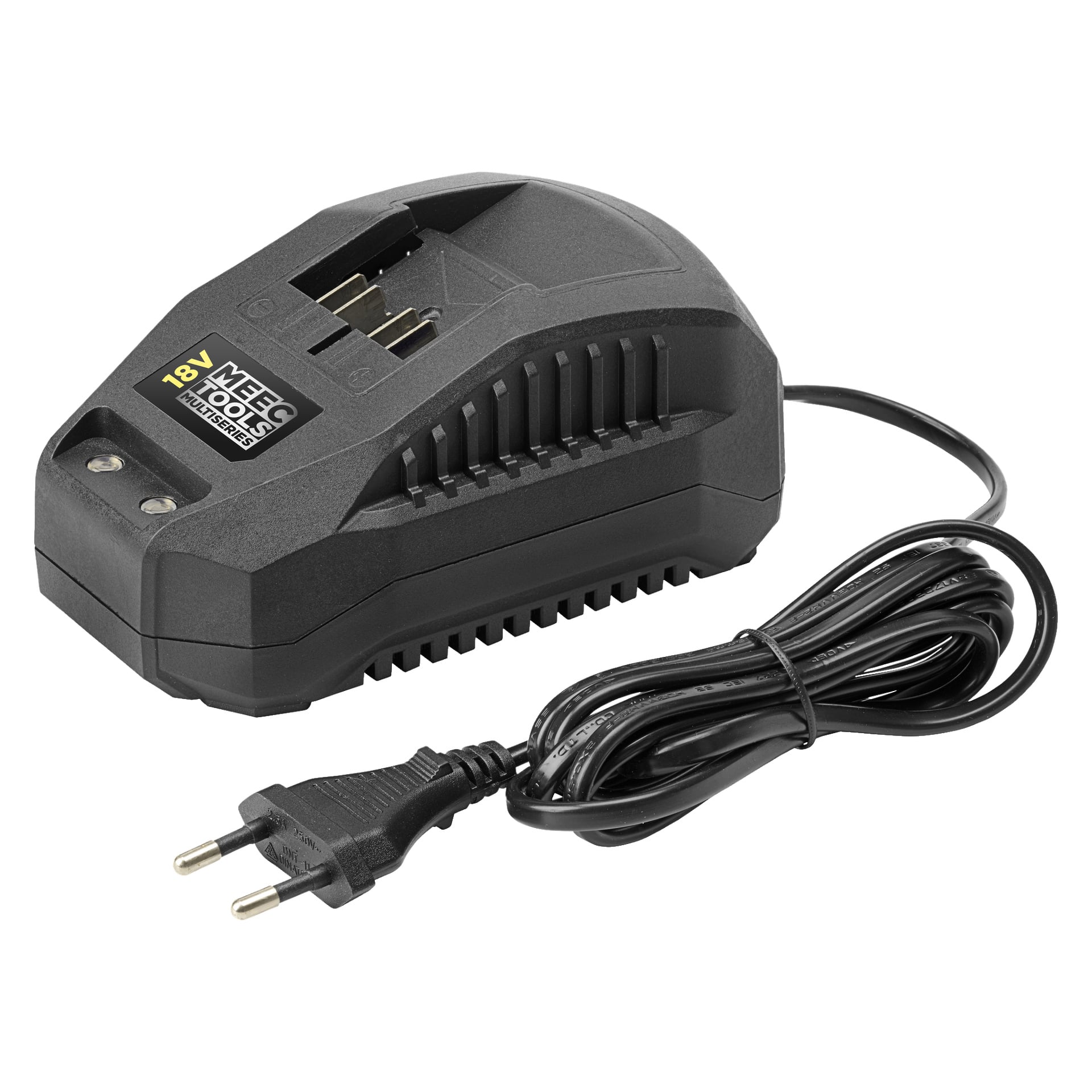 En svart batteriladdare med sladd och tvåstiftskontakt, gjord för Meec Tools Multiseries batteridrivna motorsågssats CS-18V HOME 500. Laddaren har ventilerade sidor för kylning och visar märkningen "Meec Tools 7.2V-18V.