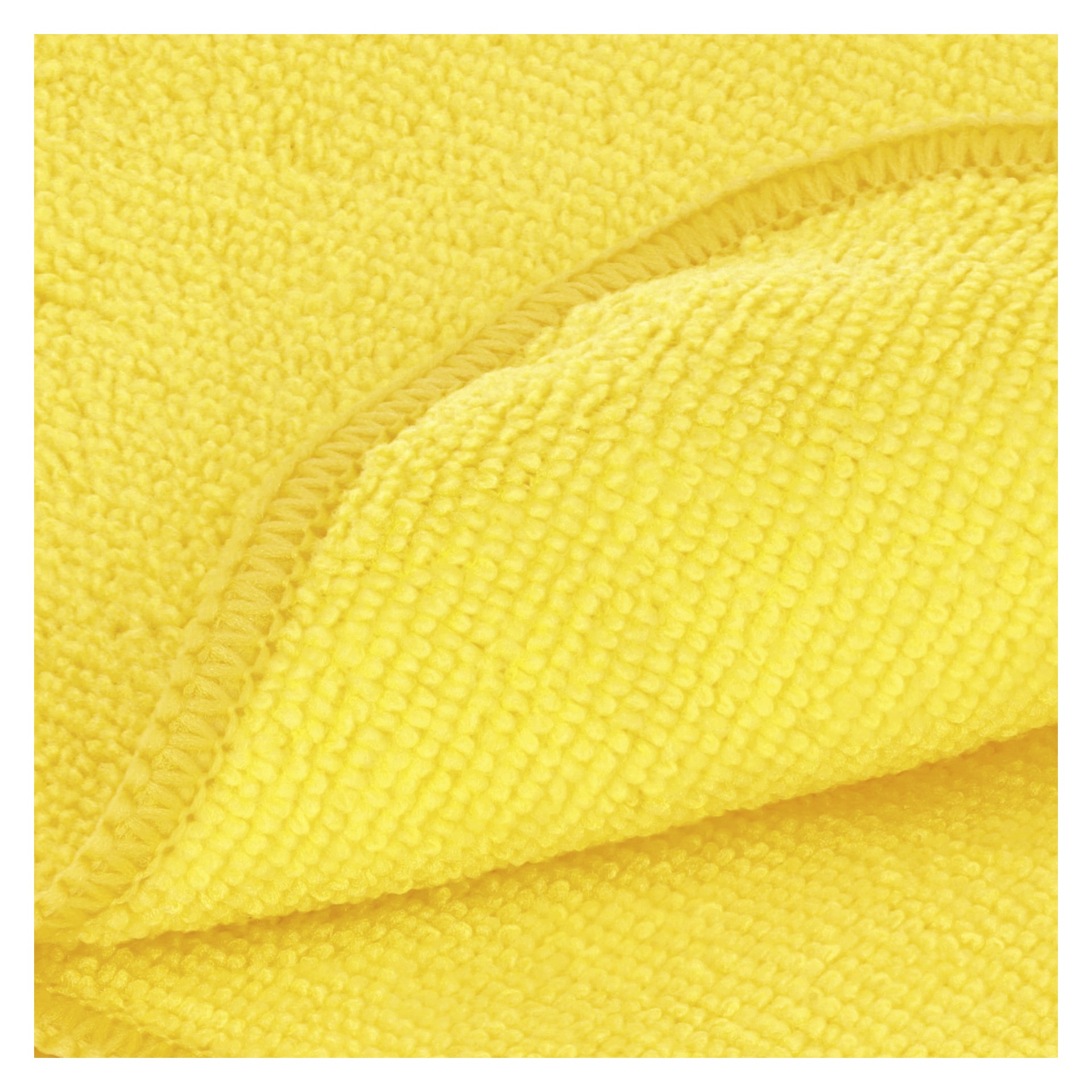 En detaljerad närbild visar ett Hamron Microfiber-tyg från "Microfibre cloths for interior 3pack", vilket betonar dess gula färg, texturerade yta och prydliga broderade kant. Tyget ser mjukt ut och är försiktigt vikt, vilket visar dess anmärkningsvärda tjocklek och intrikata materialstruktur.