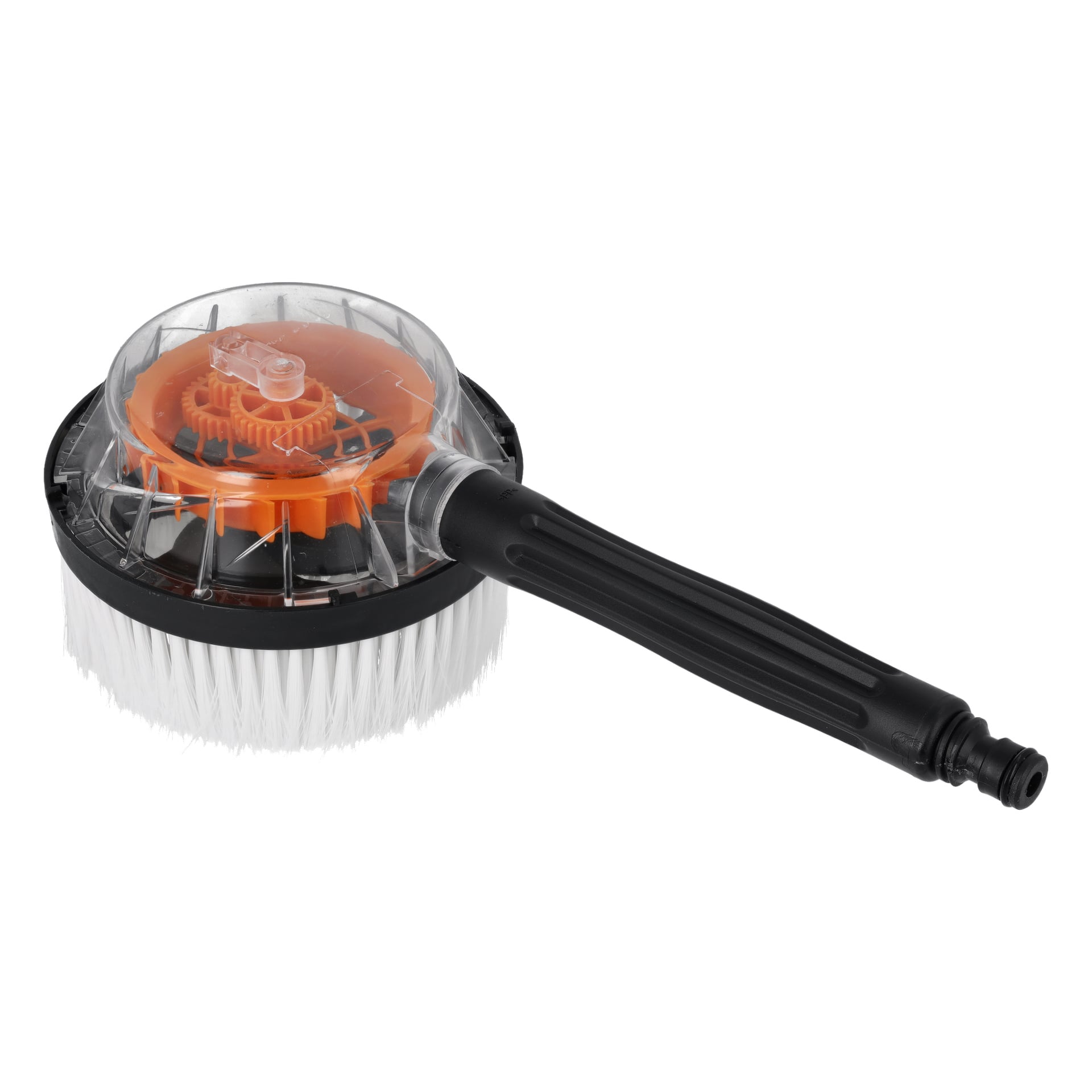Hamron Rotating wash-borsten har vita borststrån, ett svart handtag med slangkontakt och ett genomskinligt lock som avslöjar orange kugghjul i borsthuvudet.