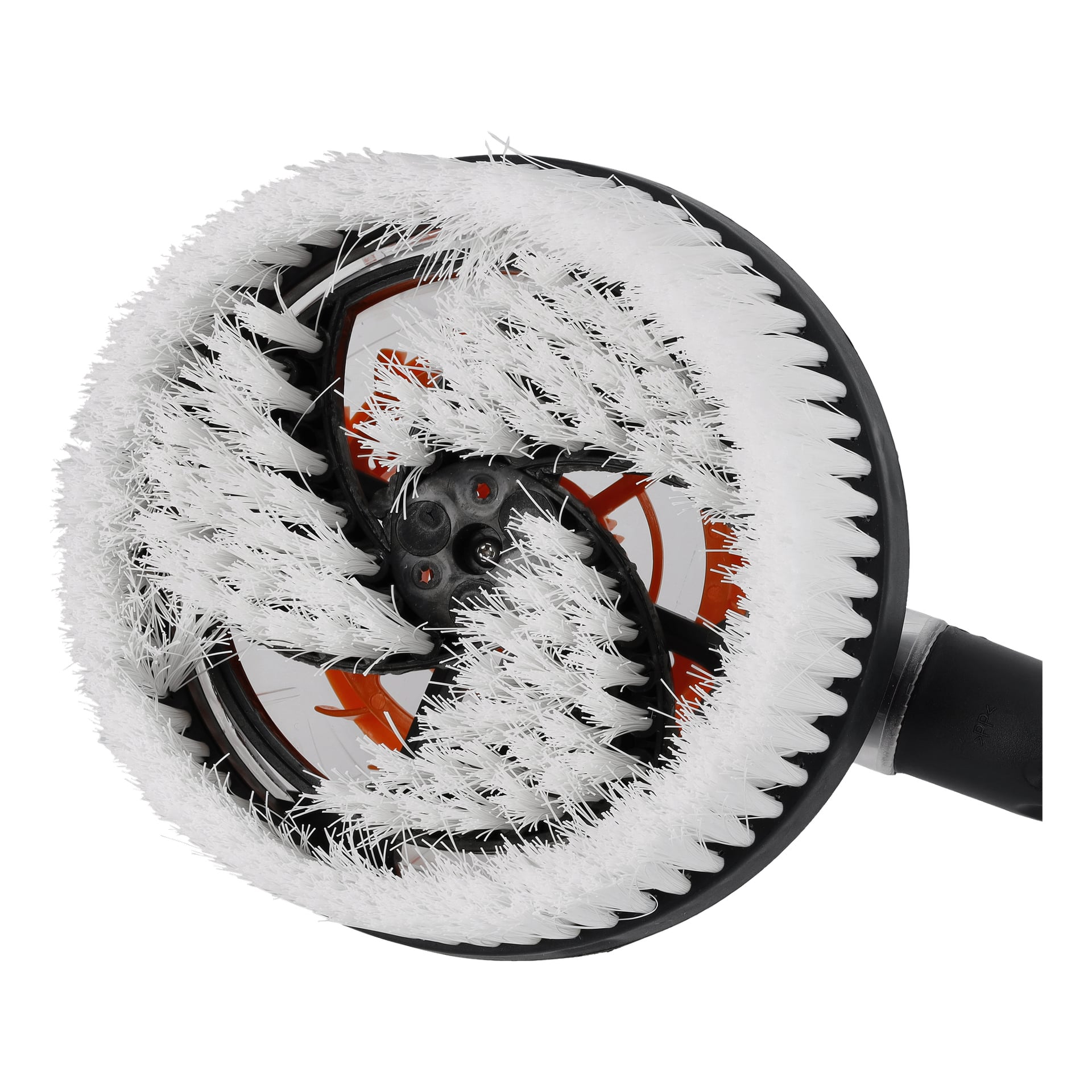 Närbild av Hamron Rotating wash brush med tätt packade vita borst på en svart plastbas, fäst vid ett svart handtag.