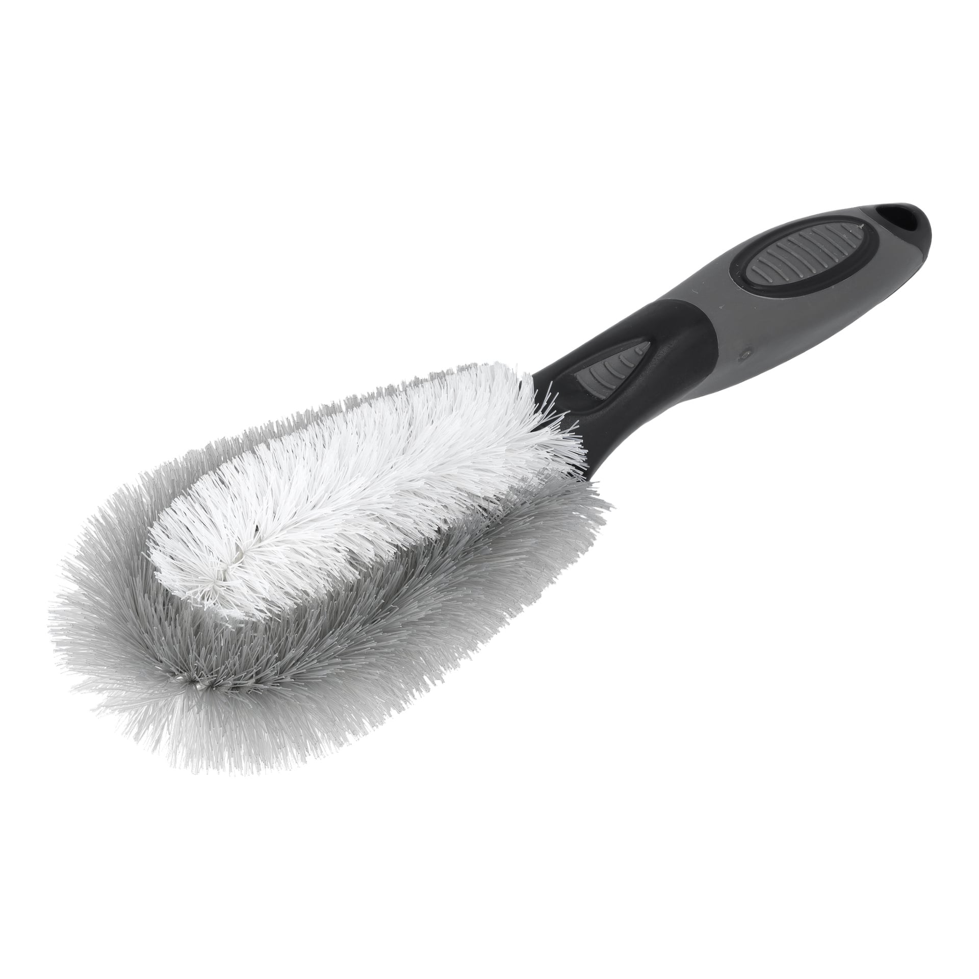 En närbild av Hamron Rim-borsten framhäver dess vita och grå borst i ett svart handtag med en ergonomisk, böjd design.