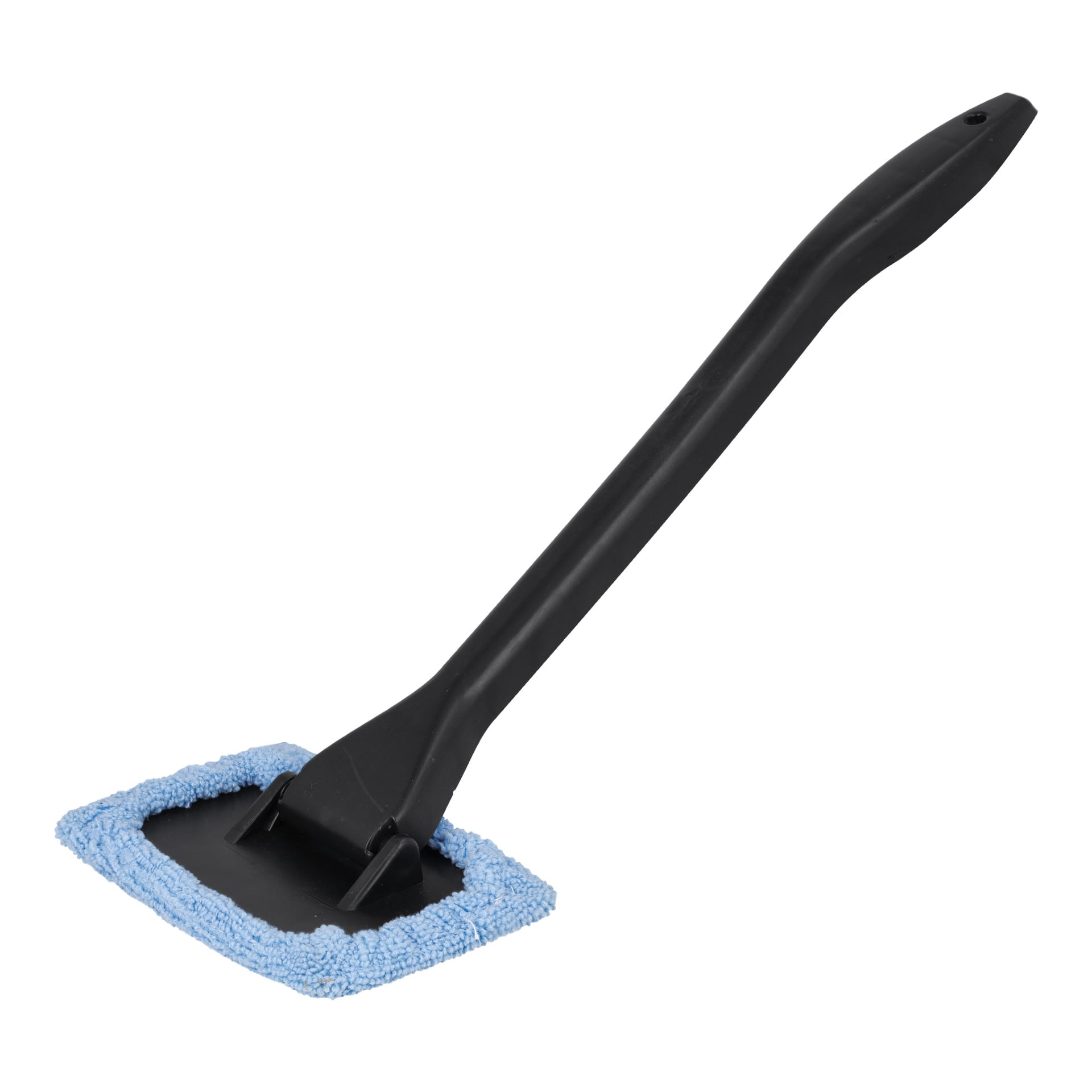 Hamron vindruterengöraren har ett långt svart handtag och en rektangulär bas med en blå mikrofiberdyna, vilket gör den lätt att nå och rengöra ytor.