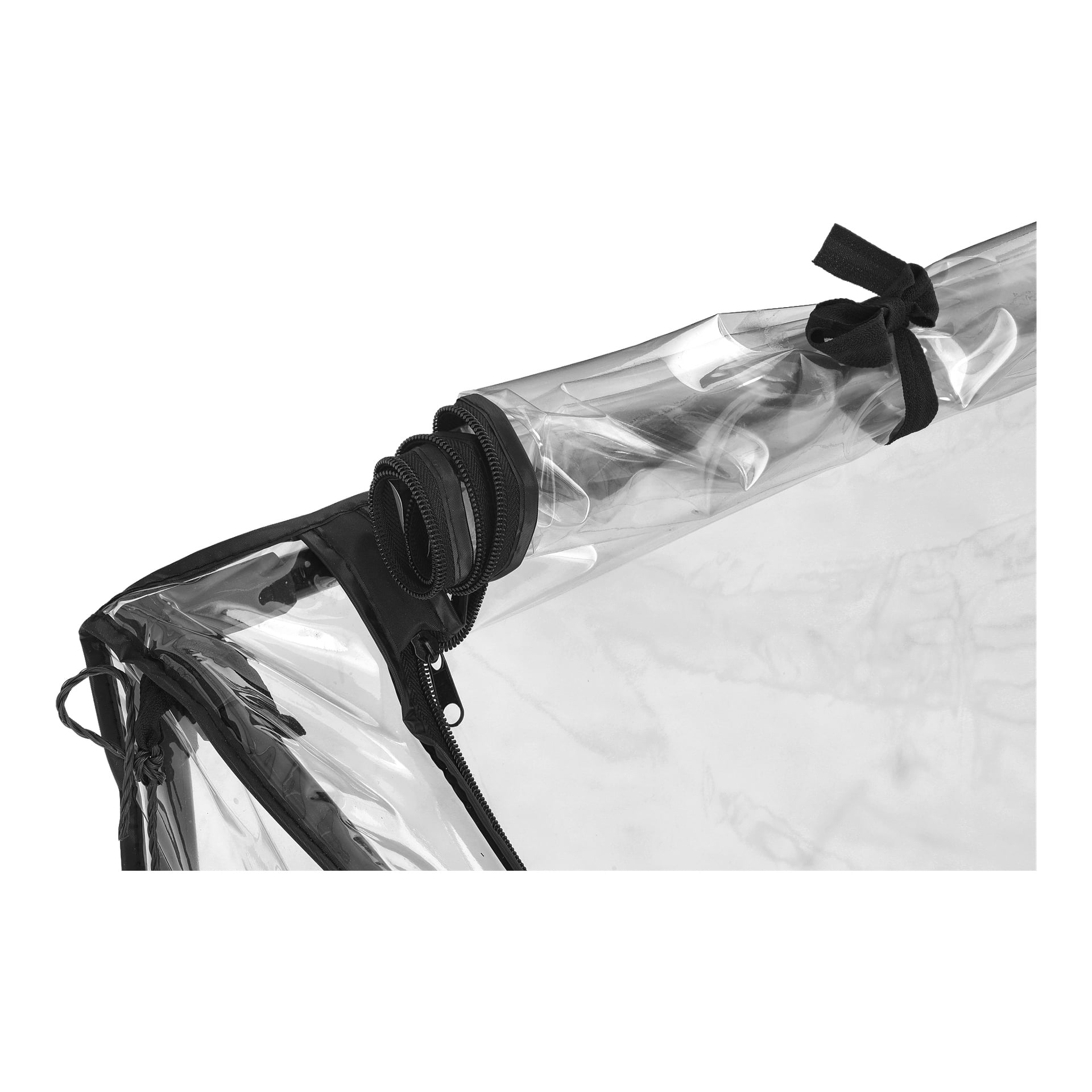 En detaljerad vy av Hard Head Greenhouse för odlingskrage visar dess genomskinliga plastlock, svarta dragkedja och svarta tygband. Det genomskinliga locket är ihoprullat och fäst i det övre hörnet, vilket betonar hur det sitter på plats.