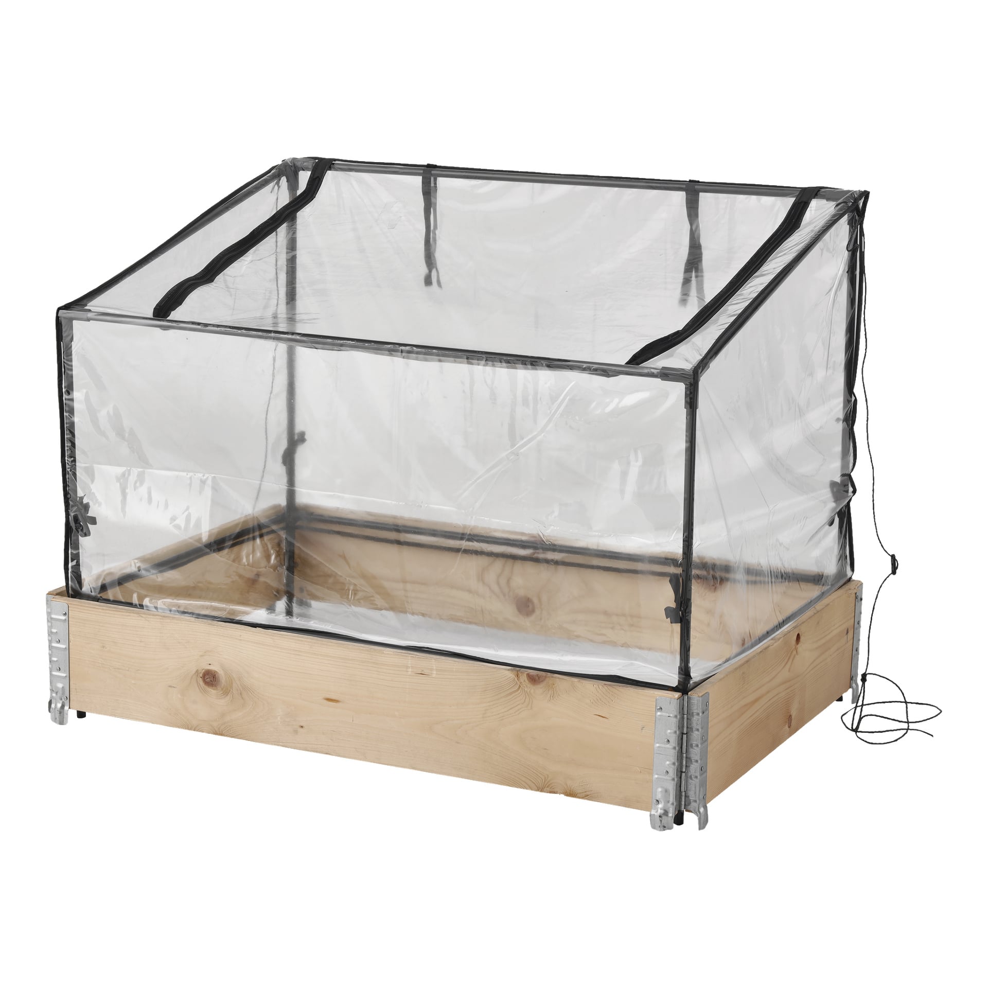 Ett Hard Head Greenhouse designat för odlingskrage, med ett transparent plastlock fäst vid en träbas förstärkt med metallhörnfästen. Locket hålls på plats med svarta remmar, och det finns en sladd på höger sida.
