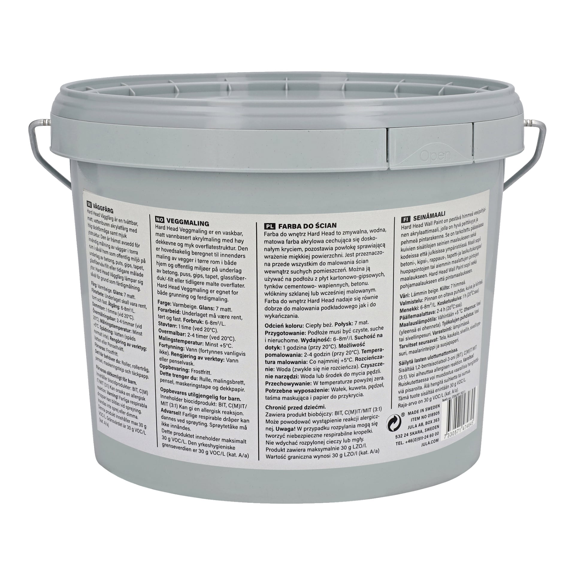 En grå plasthink med Hard Head Wall Paint och ett handtag, som visade flera kolumner med produktinstruktioner och information på sidan. Hinken har ett säkert förseglat lock.