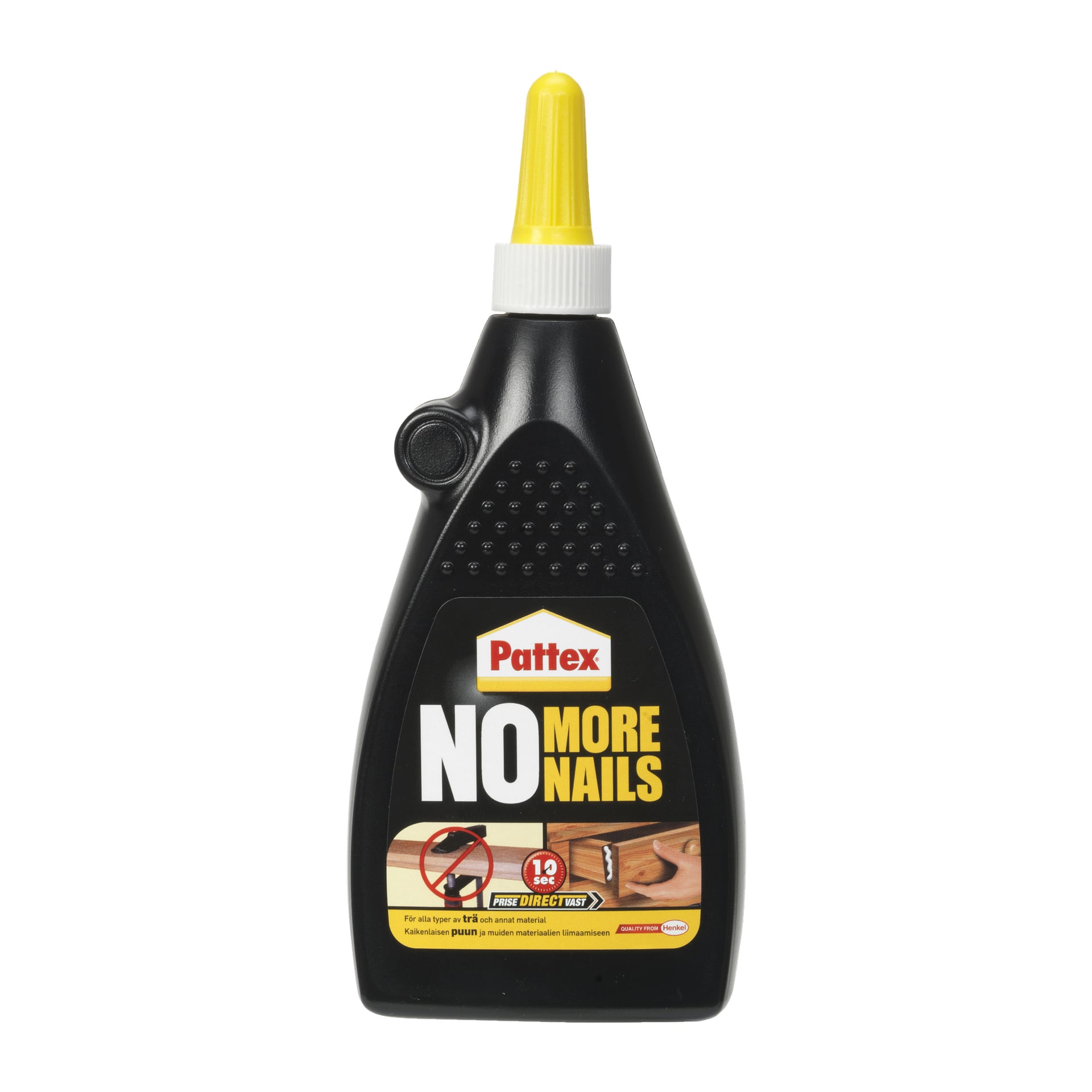 En svart Pattex Wood Glue No More Nails-flaska med gul kork, som visar en etikett som visar en träplanka och betonar dess förmåga att binda material utan att använda spikar.
