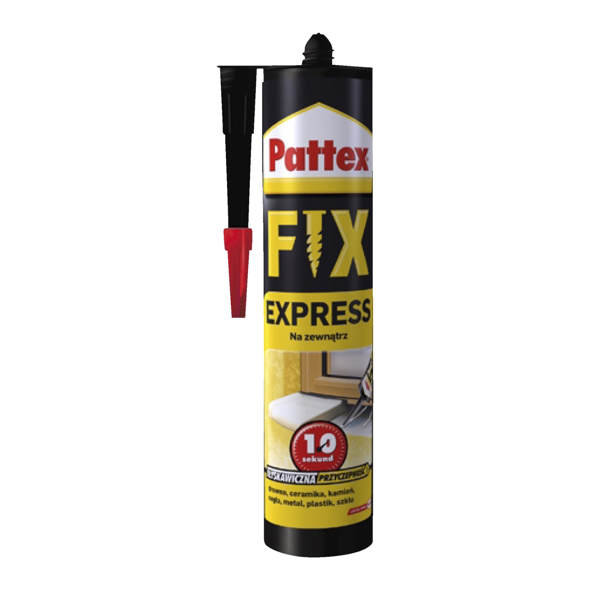 Czarno-żółty wkład Pattex Quick Glue FIX Express z czerwoną nakrętką i dyszą, z ikonami wskazującymi na działanie drewna, ceramiki, kamienia, płytek, metalu, plastiku i cegły.