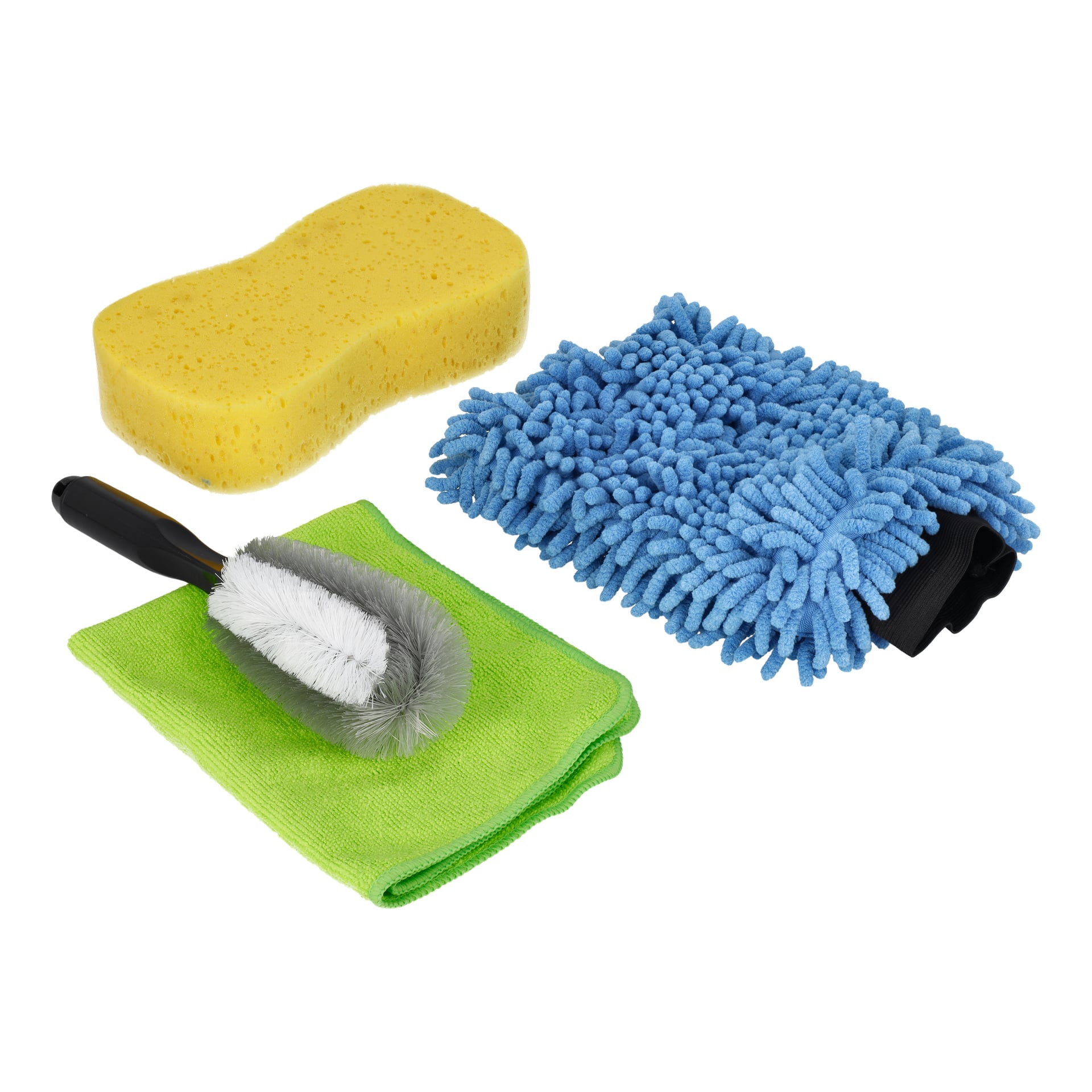 Hamron Car Care Set innehåller fyra saker: en gul svamp, en blå chenille-rengöringshandske, en grön mikrofiberduk och en borste med vita och grå borst och ett svart handtag. Alla föremål är prydligt arrangerade tillsammans.