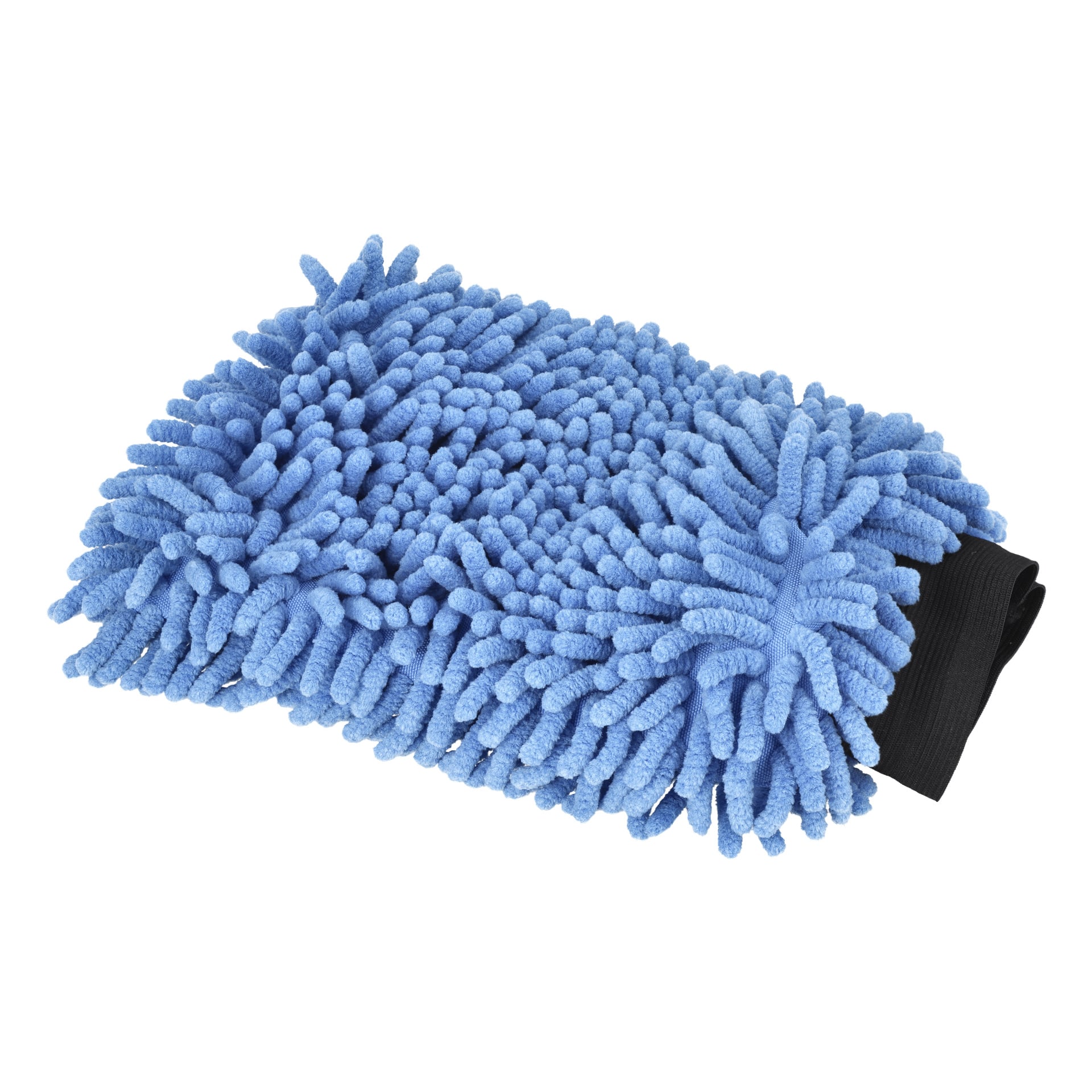 En blå mikrofiber-chenille-biltvättshandske från Hamron Car Care 4-delade setet, med tjocka texturerade trådar och ett svart elastiskt handledsband.