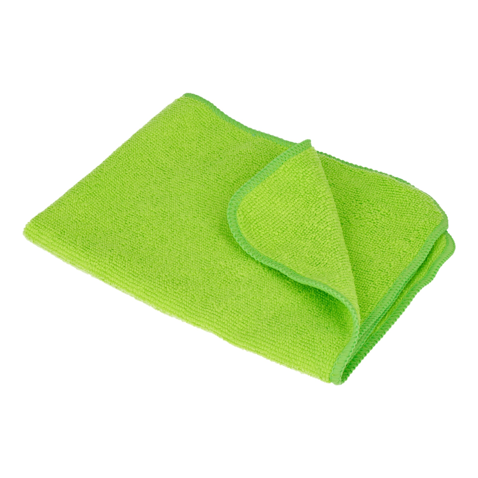 Ett ljusgrönt mikrofibertyg från Hamron Car Care Set, prydligt vikt med ett hörn upphöjt för att visa dess textur och fint sydda kanter.
