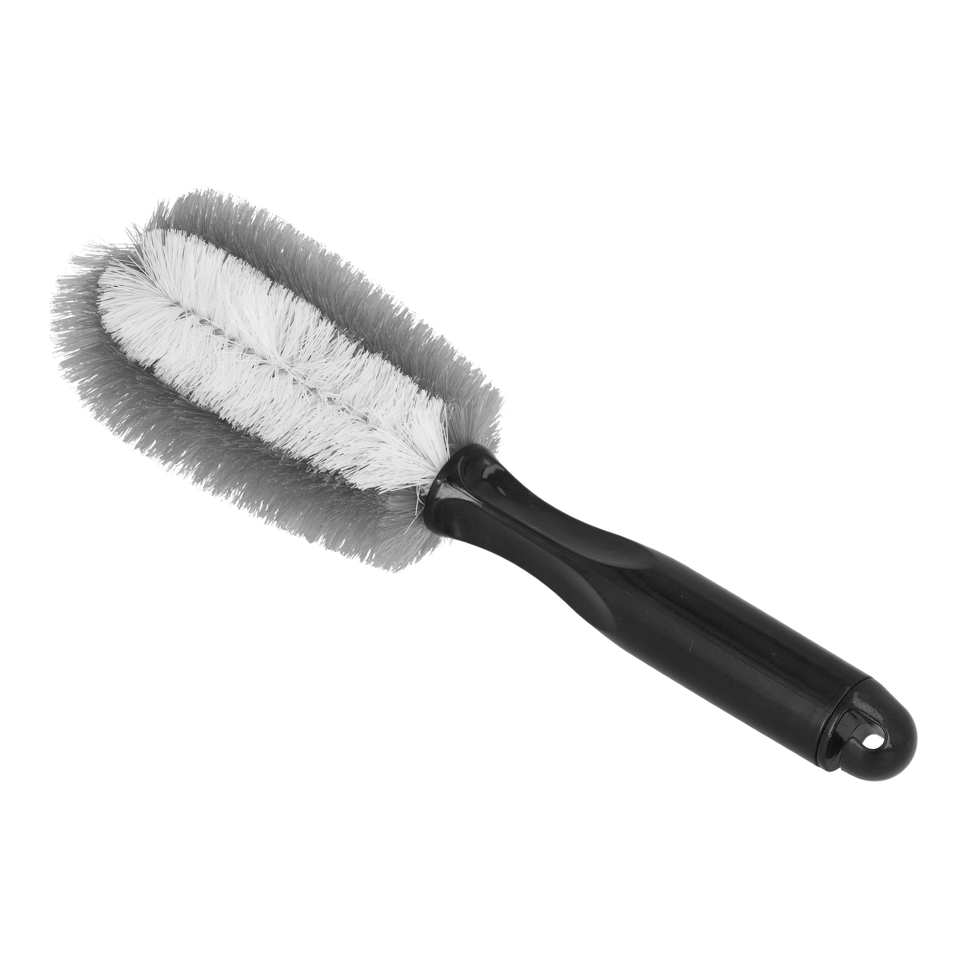 En närbild på en fyrdelad borste i Hamron Car Care Set, som visar ett svart plasthandtag kopplat till ett ovalt, dubbelsidigt huvud med tjocka vita och grå borst.