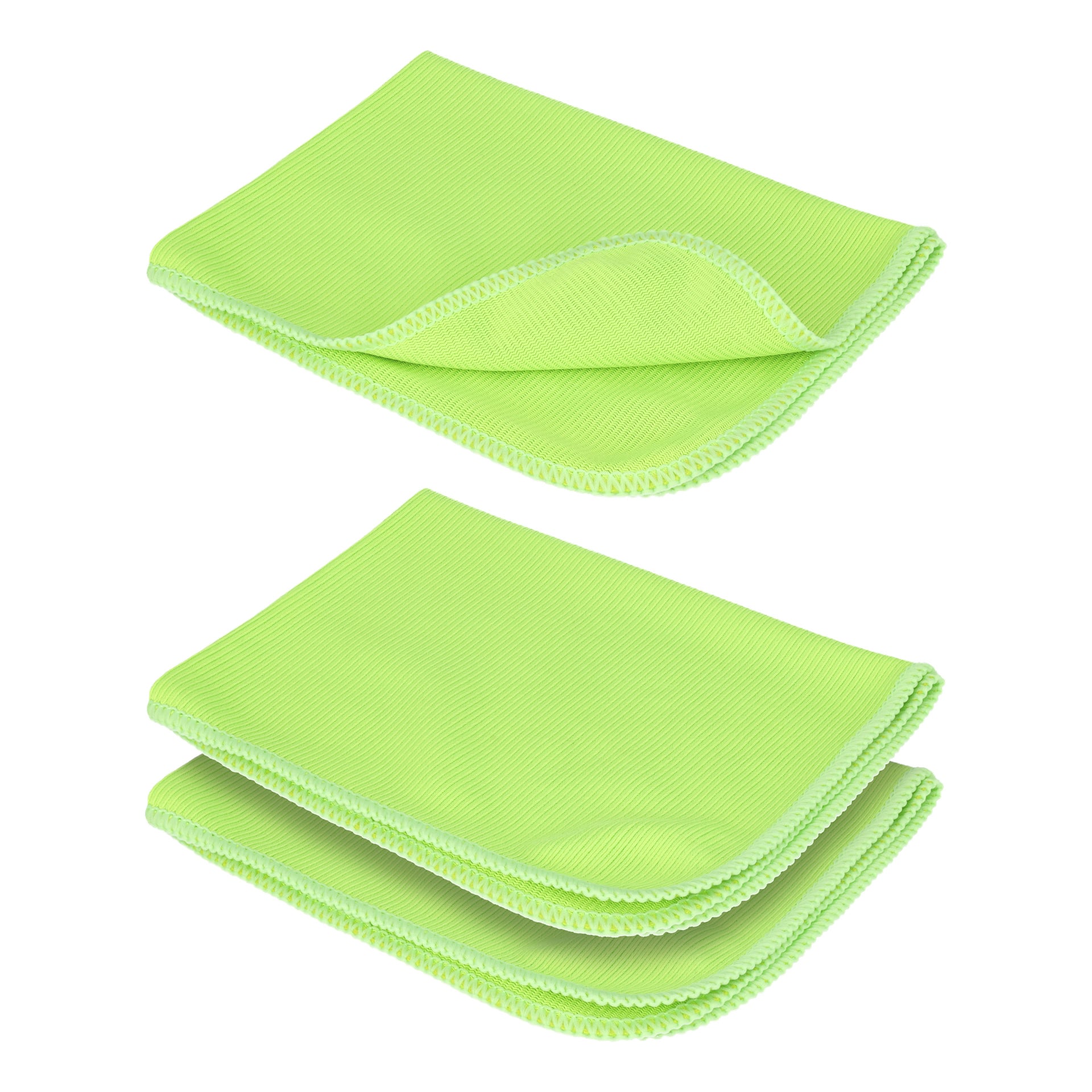 Tre vikta ljusgröna Hamron Microfiber-tyg med broderade kanter och en ribbad struktur är prydligt arrangerade i två staplar—en stapel har två tyg, den andra bara en.