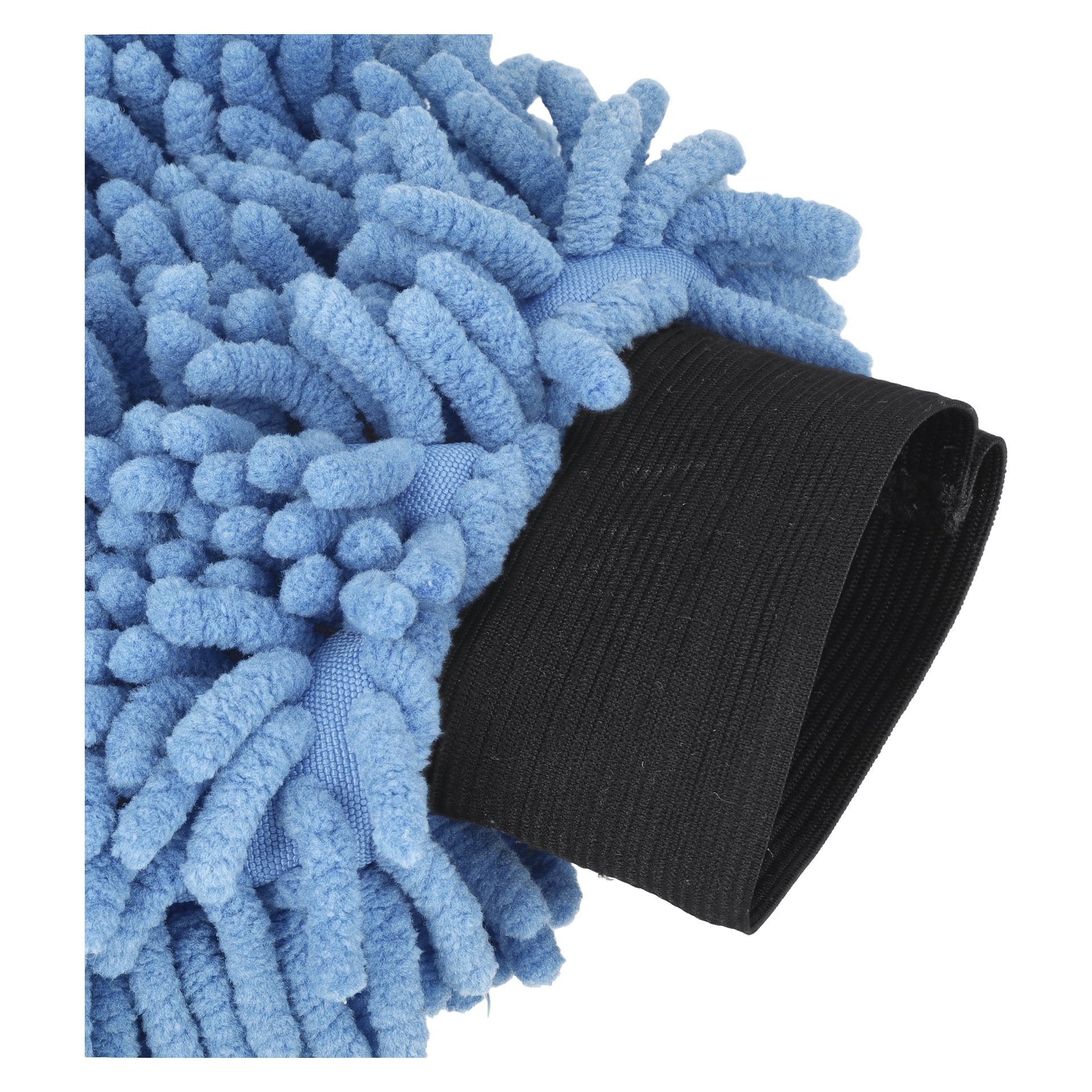 Närbild av en blå Hamron Wash-handske som visar täta, nudelformade mikrofiberchenillesträngar och en svart elastisk handledsmanschett.