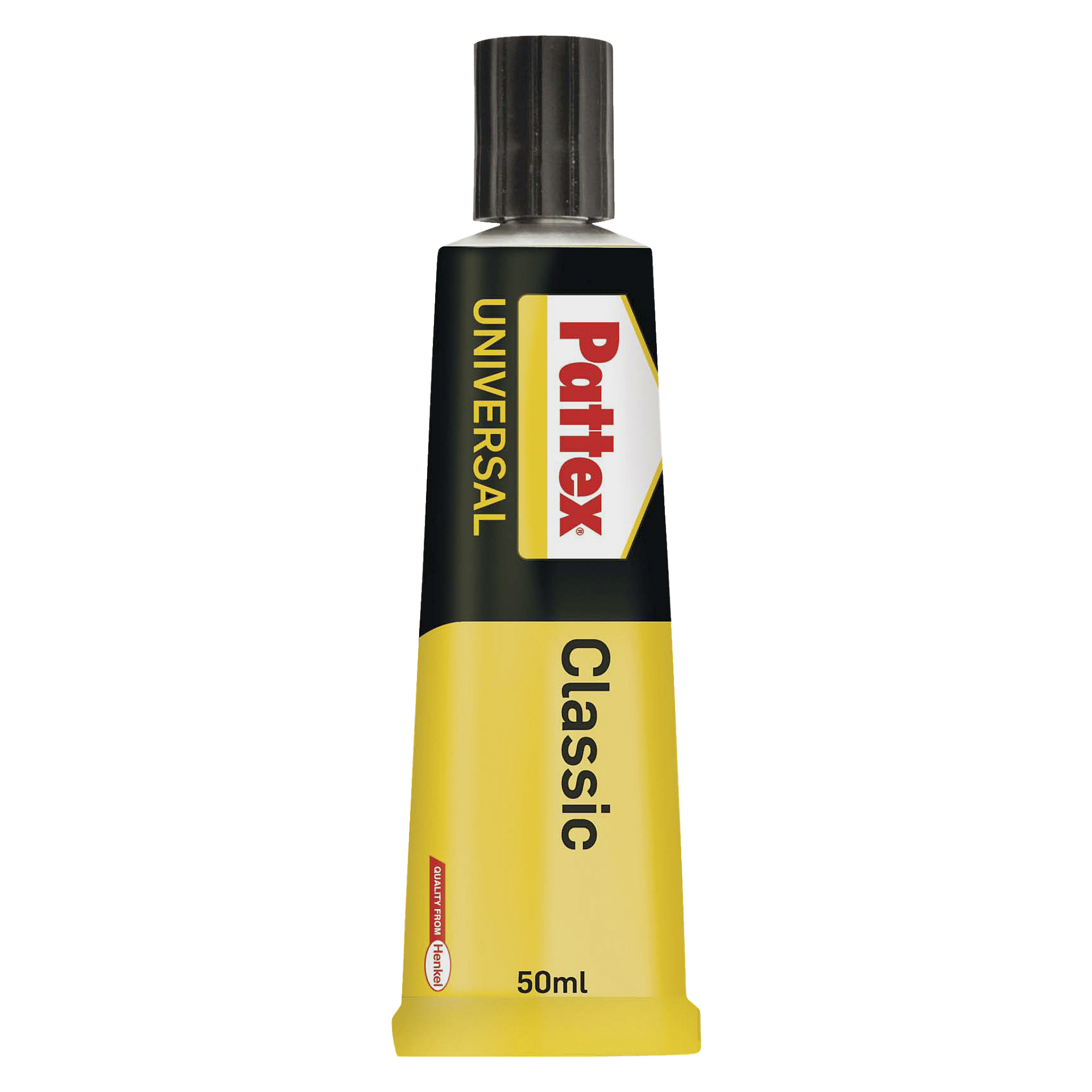 Tubka 50 ml Pattex Contact Glue Universal Classic z czarną nakrętką. Tuba prezentuje odważną żółto-czarną kolorystykę, wyraźnie podkreślając logo Pattex oraz informacje o produkcie mocnymi literami.