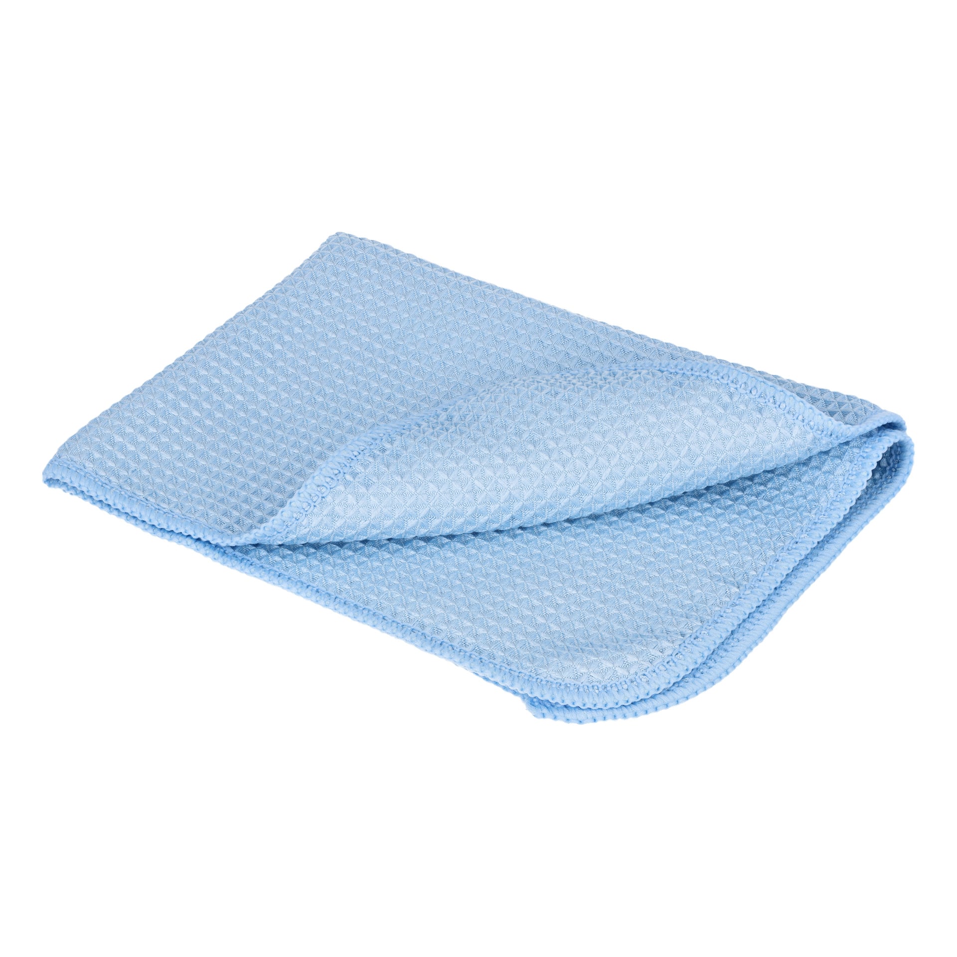 Ett prydligt vikt Hamron Microfiber-tyg från 3-packet visar sin ljusblå färg, våffelliknande struktur och broderade kanter.