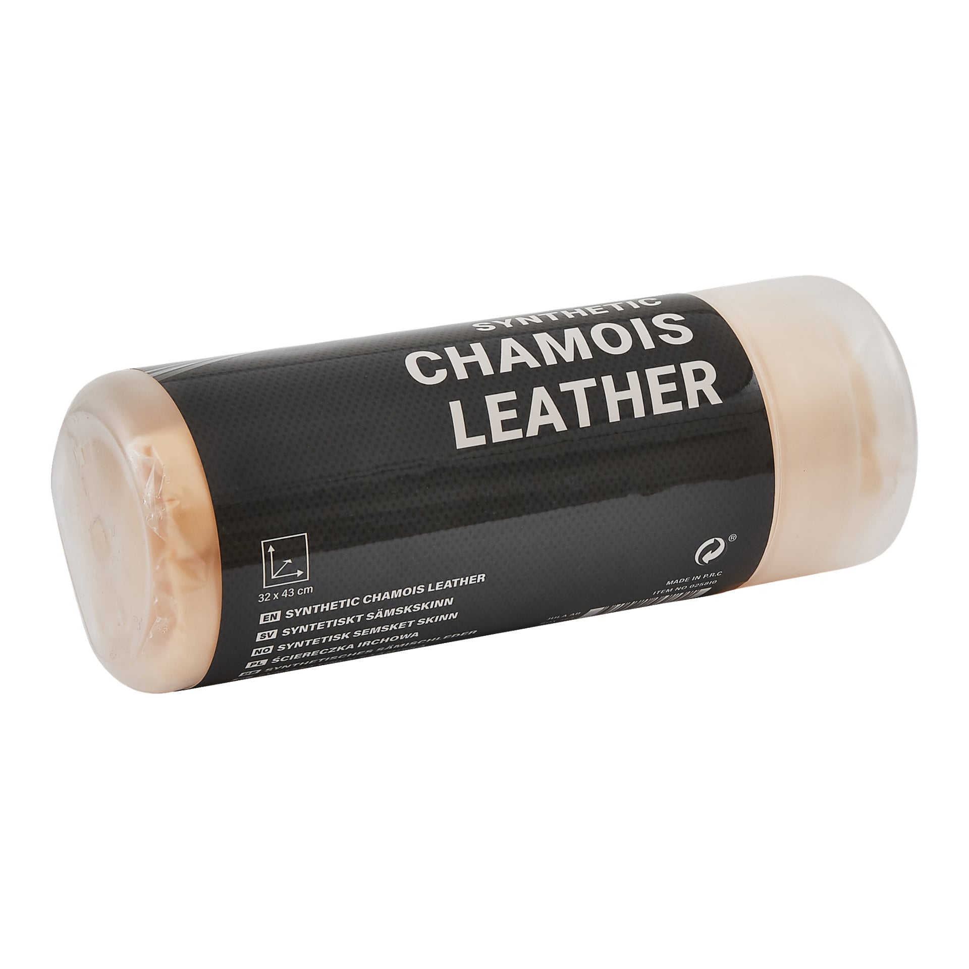 En cylindrisk behållare med en svart etikett där det står "Synthetic chamois leather" av Hamron innehåller en ihoprullad, ljusbrun rengöringsduk. Etiketten listar också produktdetaljer på flera olika språk.