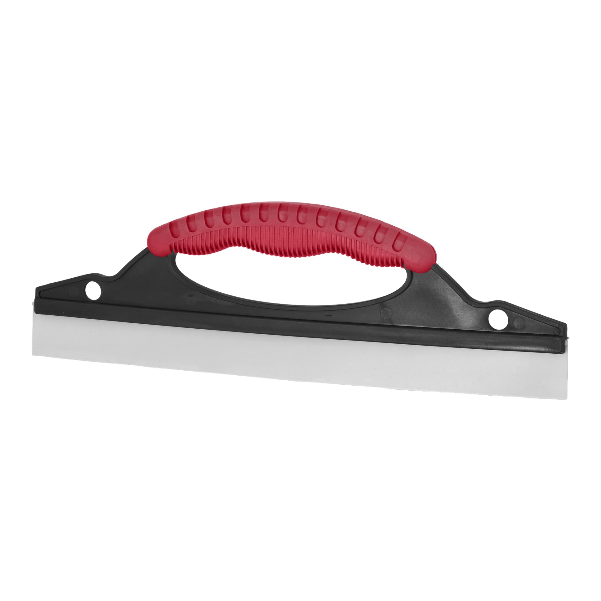 En svart och röd Hamron-squeegee med böjt handtag och ett rakt vitt gummiblad, designad för att effektivt rengöra fönster, bord och andra plana ytor.
