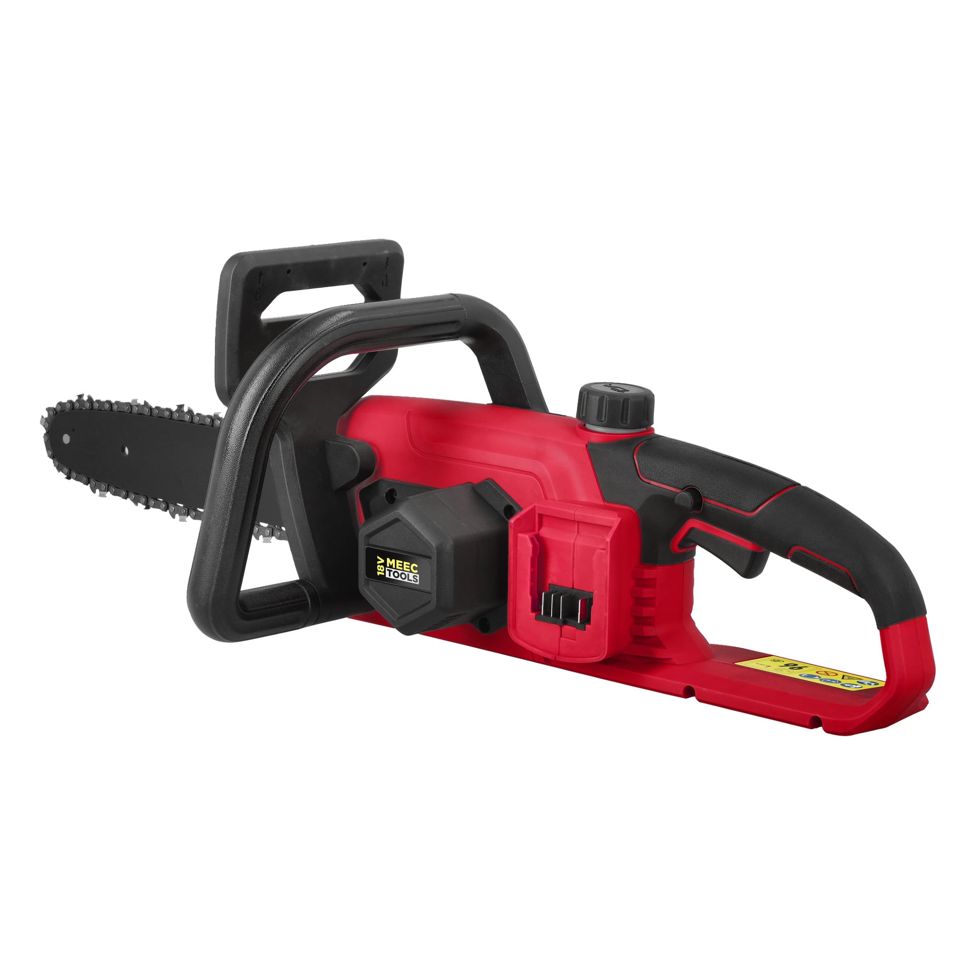 En röd och svart Meec Tools Multiseries CS-18V HOME 500 batteridriven motorsåg med synligt batteripaket, svart handtag och skyddande handskydd.