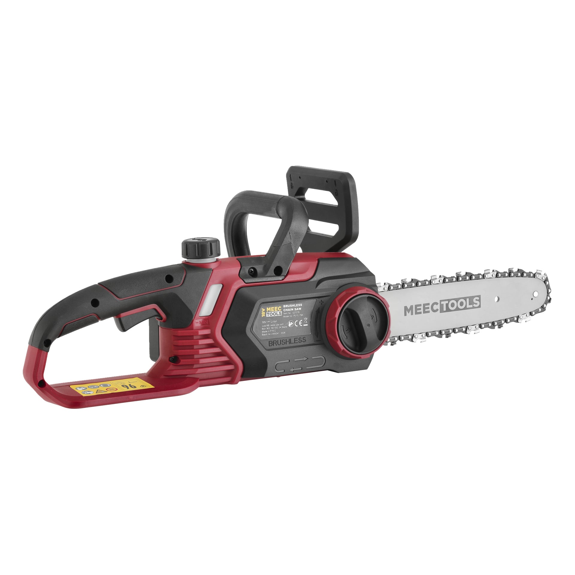 Eine rot-schwarze, batteriebetriebene Kettensäge CS-18V HOME 500 von Meec Tools Multiseries verfügt über einen bürstenlosen Motor, einen ergonomischen Griff und eine freiliegende Kettenstange. Sicherheitsetiketten und Branding sind auf der Karosserie sichtbar, darunter Zitate wie CS-18V HOME 500 und Meec Tools Multiseries.
