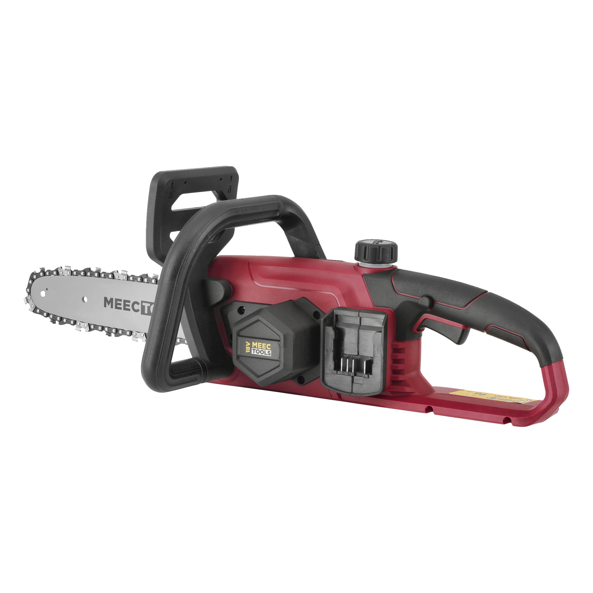 Eine rot-schwarze, batteriebetriebene Kettensäge mit der Bezeichnung CS-18V HOME 500 von Meec Tools Multiseries und zeigt Griff, Klingenschutz und Kette.