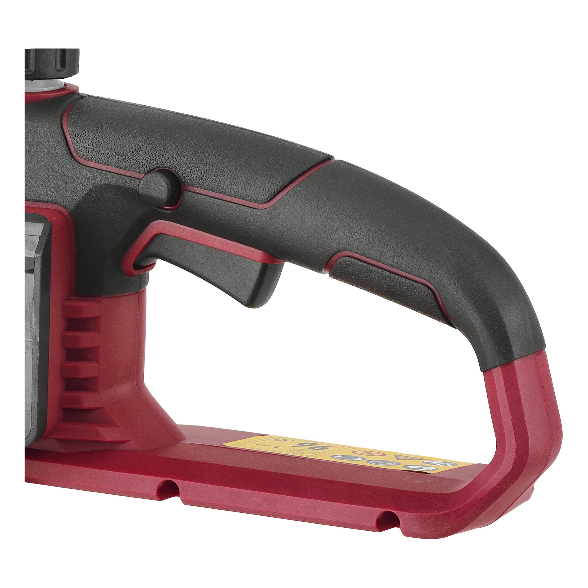 Nahaufnahme des batteriebetriebenen Kettensägengriffs der Meec Tools Multiseries CS-18V HOME 500, mit Abzug, strukturiertem Griff, Batteriefach und einem gelben Aufkleber mit einem Symbol an der Basis.