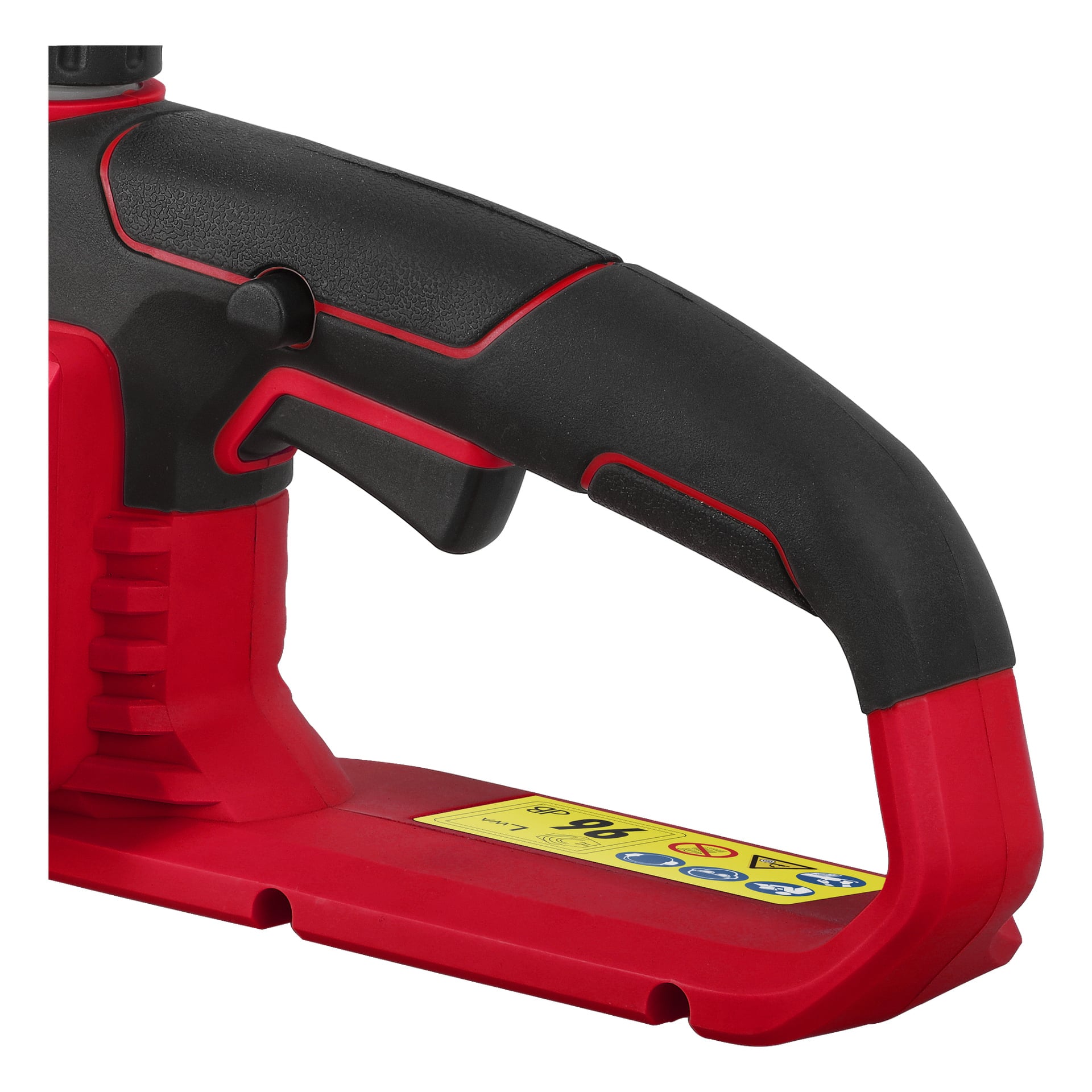 Detaljerad vy av Meec Tools Multiseries batteridrivna motorsågspaket CS-18V HOME 500-handtaget, som framhäver dess svarta och röda design med integrerad avtryckare. Verktygets bas visar en gul klisterlapp med symboler och säkerhetsinformation, och greppområdet har texturerade ytor för bättre grepp.