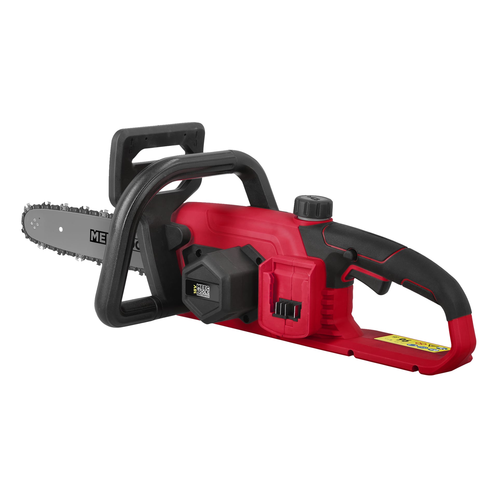Ett Meec Tools Multiseries CS-18V HOME 500 batteridrivet motorsågskit med röd och svart färgschema, skyddsskydd, ergonomiskt handtag och ett exponerat batterifack.