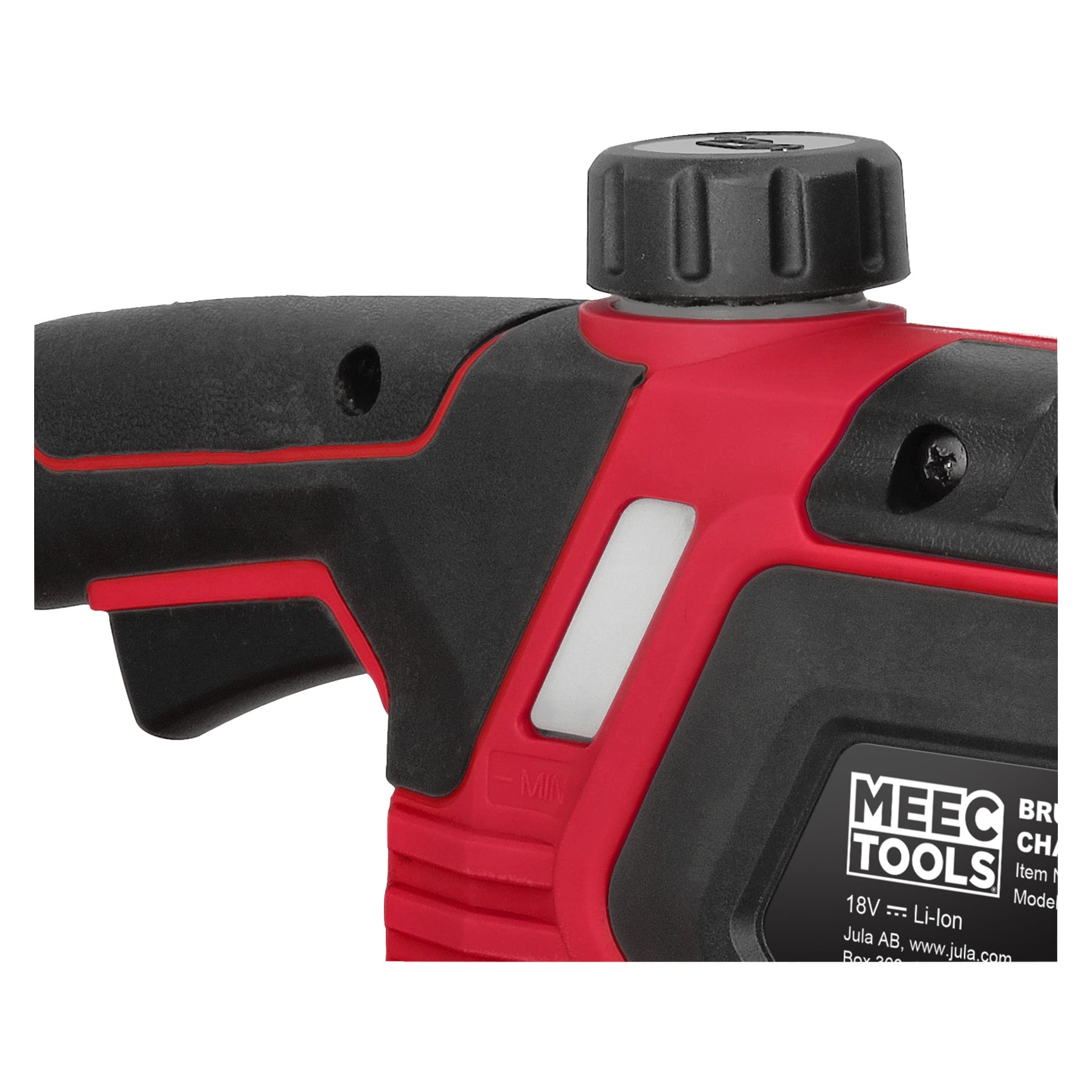 Detaljerad vy av det texturerade handtaget och den övre ratten på Meec Tools Multiseries batteridrivna motorsåg CS-18V HOME 500, som visar en del av märkesetiketten till höger.