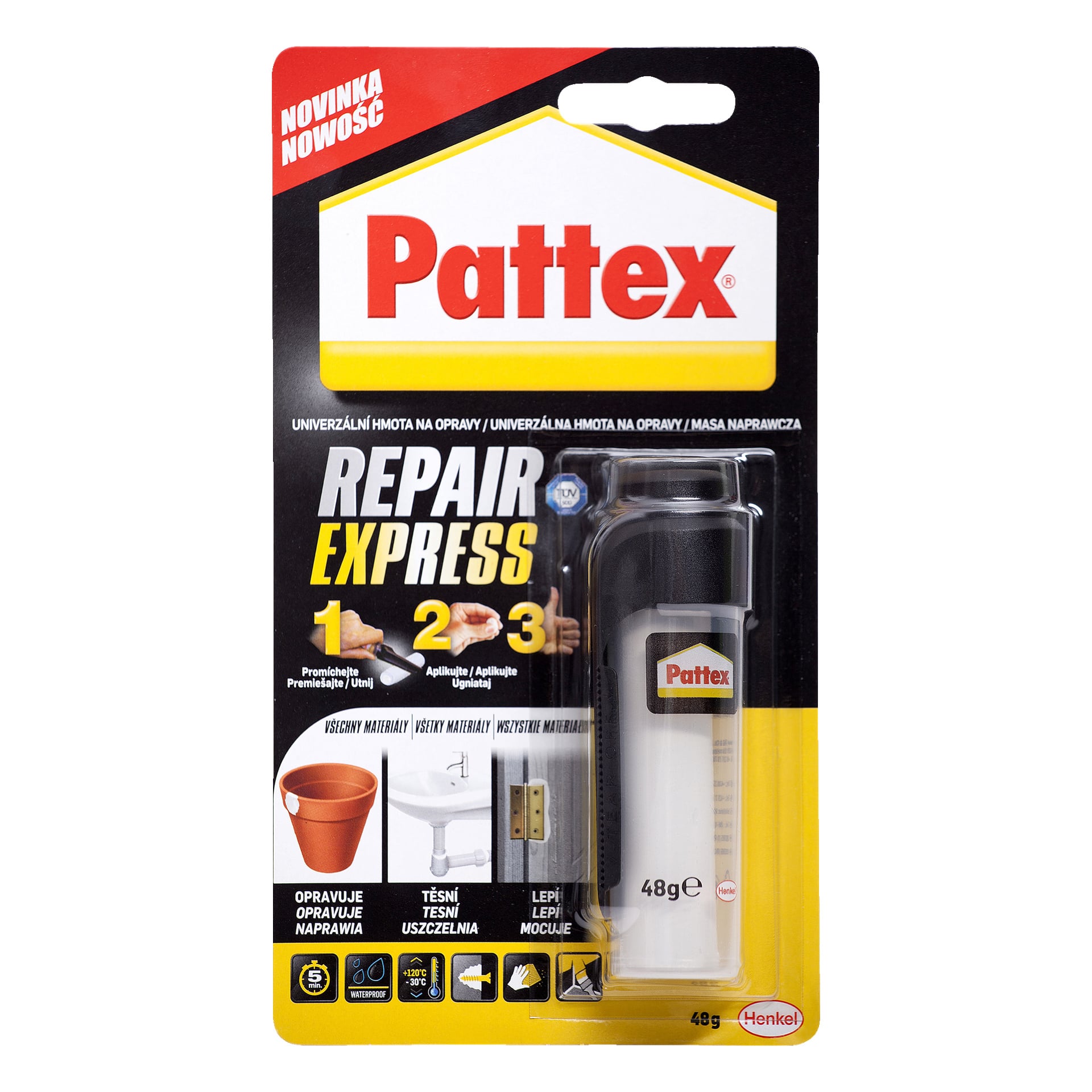 Detaliczne opakowanie kleju Pattex Repair Express zawiera tubę 48g, z detalami produktu i ikonami pokazującymi jego liczne zastosowania.