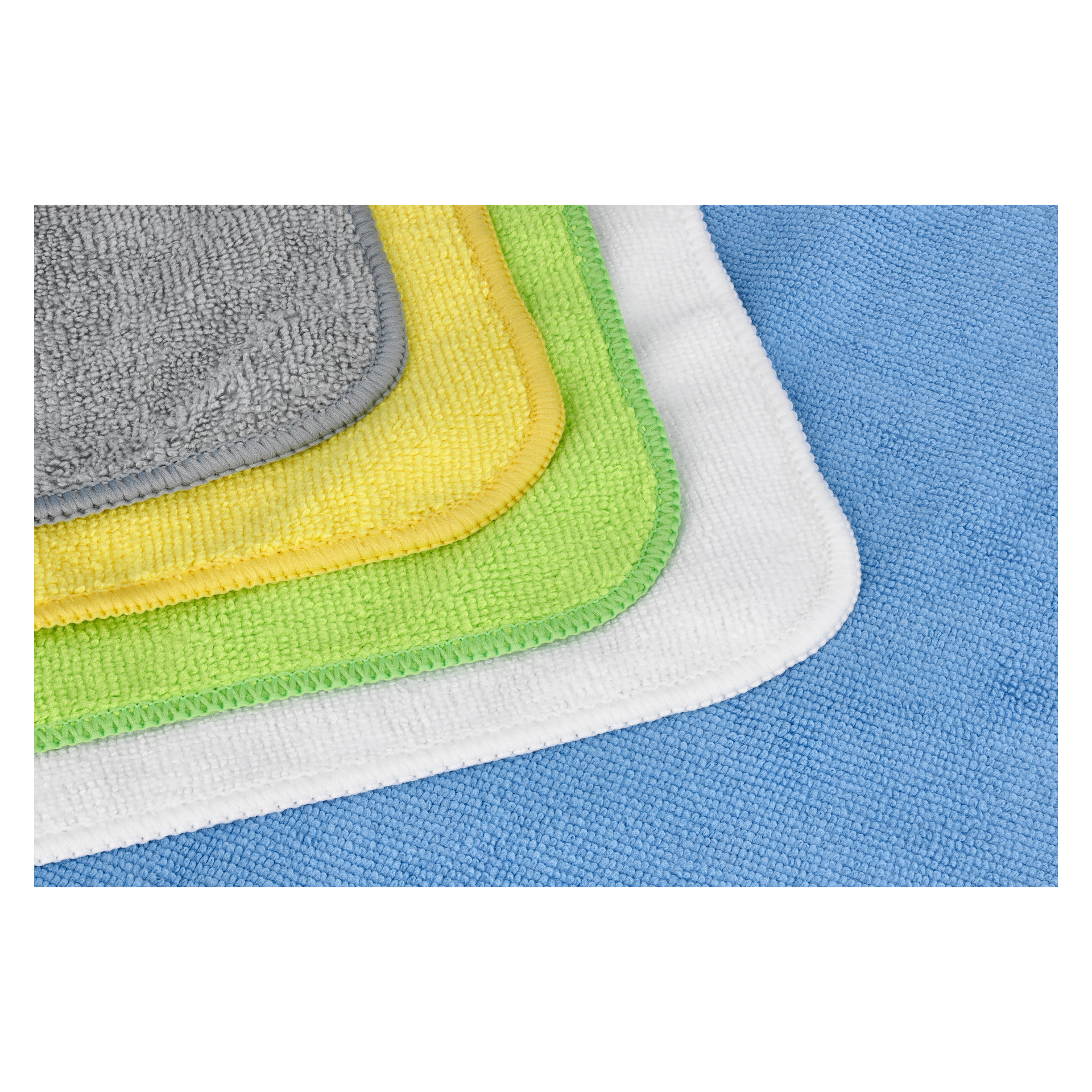 Fem Hamron Microfiber-tyger i grått, gult, grönt, vitt och blått är arrangerade i en solfjäderform på en blå yta. Varje tyg har rundade hörn och broderade kanter.
