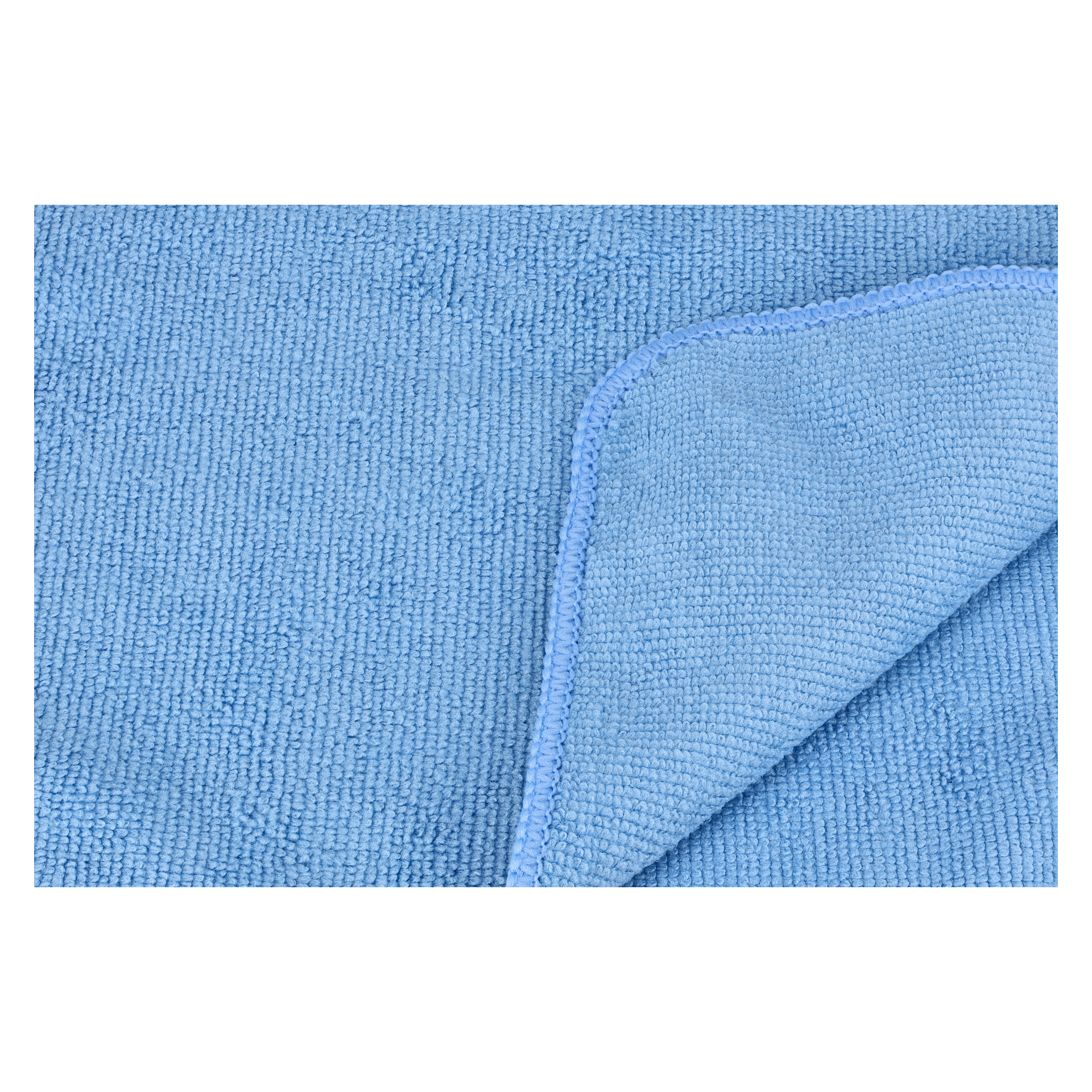 En närbild på ett ljusblått Hamron Microfiber-tyg från 5-packet visar ett hörn vikt, vilket framhäver tygstrukturen och de fina sömdetaljerna.