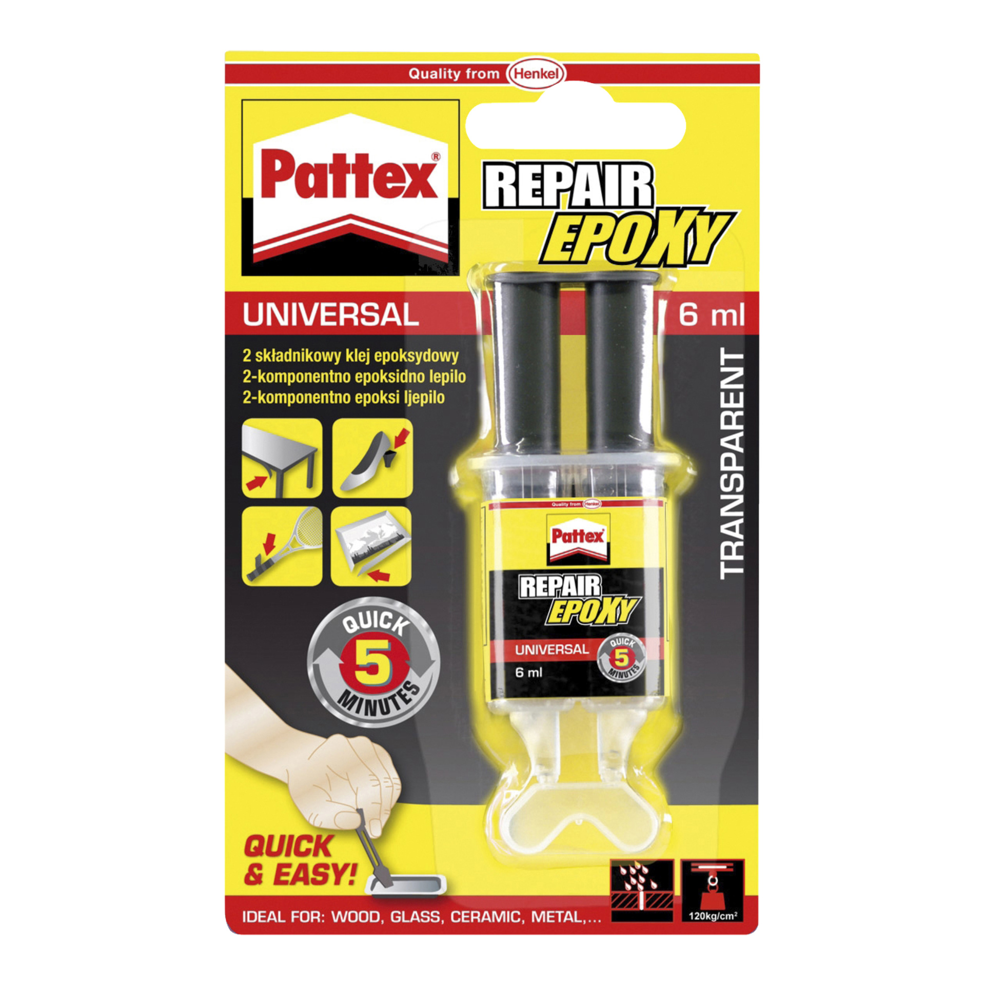 Pattex Epoxy Glue Universal Repair jest dostępny w opakowaniu o pojemności 6 ml, z dwoma tubkami i tacą do mieszania. Opakowanie podkreśla 5-minutowy czas zaklejania i pokazuje, że można go stosować na drewnie, szkle, ceramikach i metalu.