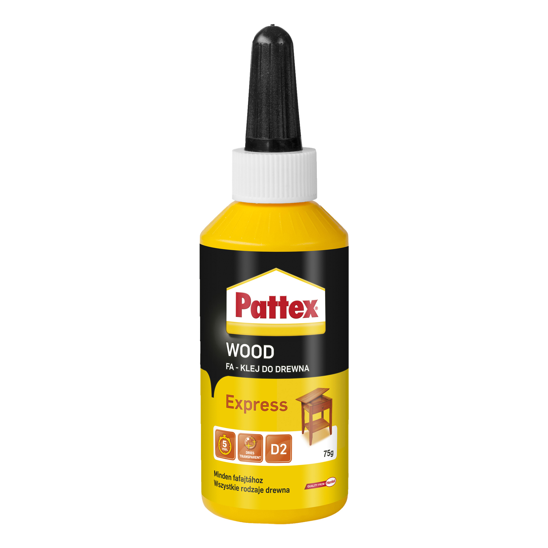 Butelka Pattex Wood Glue Express o pojemności 75g w kolorze żółto-białym z czarną dyszą. Etykieta przedstawia małą ilustrację stołu oraz tekst potwierdzający, że nadaje się do drewna.