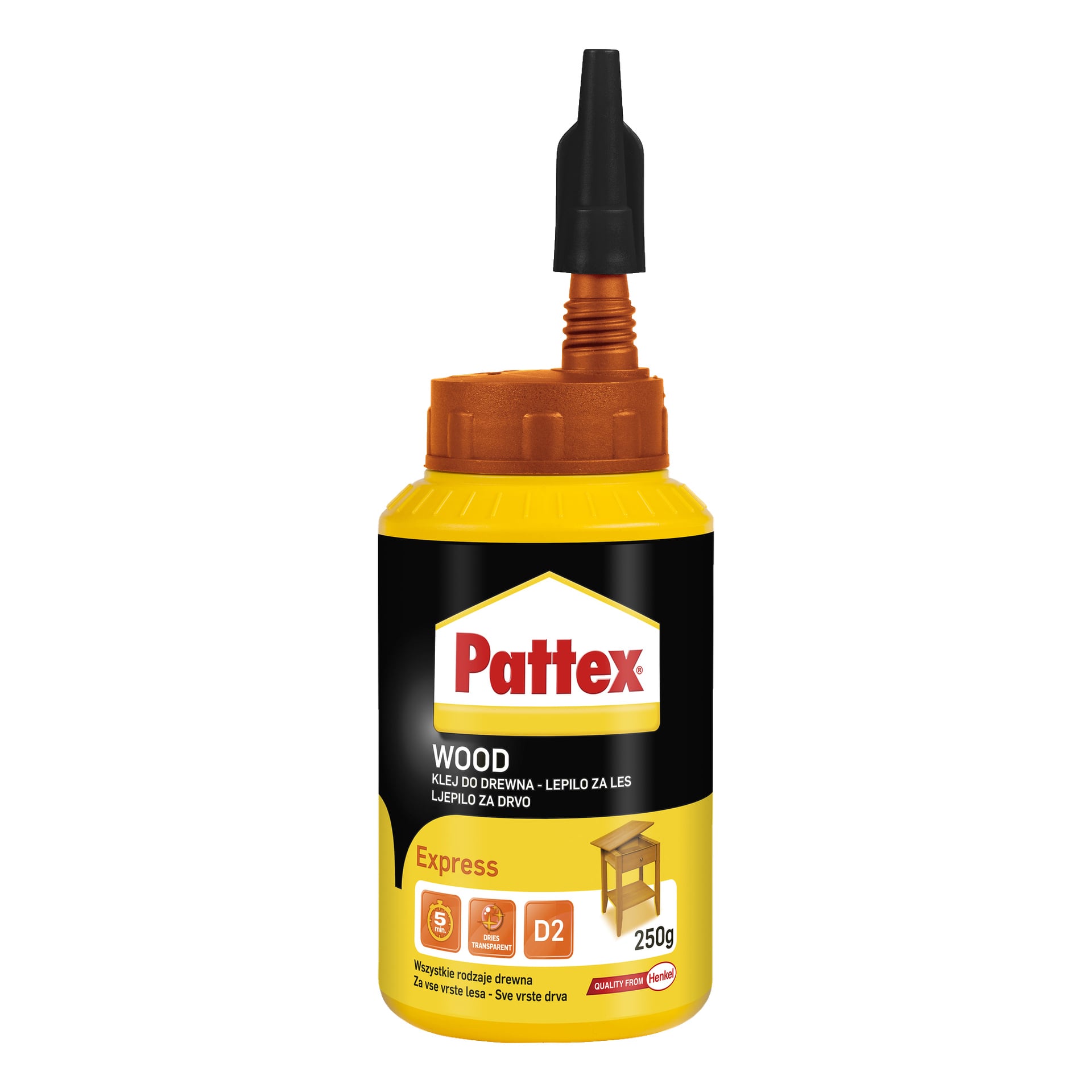 Żółto-butelka Pattex Wood Glue Express z spiczastą dyszą, oznaczona pod kątem dopasowania do wszystkich rodzajów drewna. Na froncie pojawiają się szczegóły produktu oraz mała grafika tabeli.