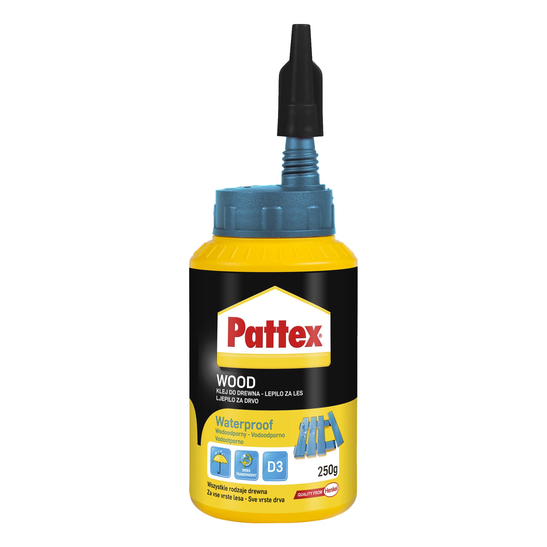 Wodoodporna butelka Pattex Wood Glue o masie 250 gramów, z żółto-czarną etykietą i niebieską dyszą, co oznacza, że sprawdza się na wszelkiego rodzaju drewno i jest wodoodporna.