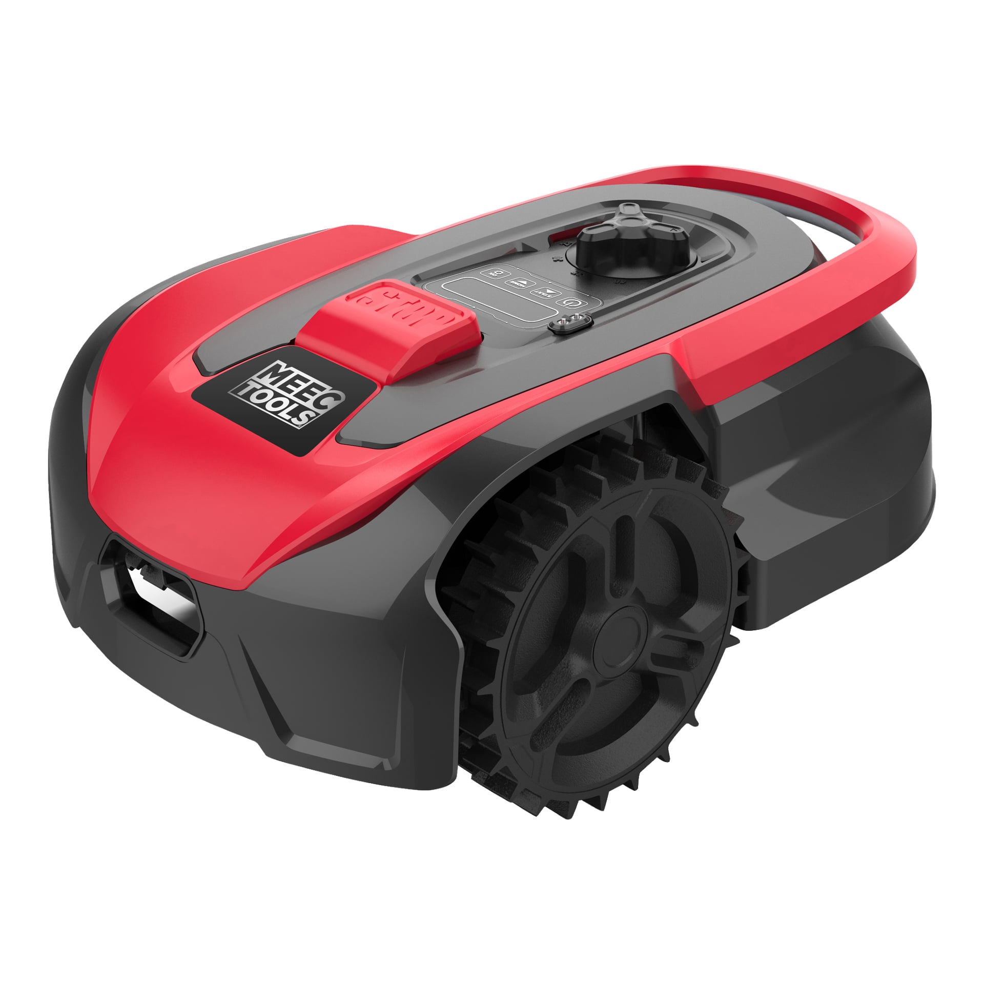 Elegancka robotyczna kosiarka z czerwono-czarną osłoną, wytrzymałymi czarnymi kołami oraz górnym panelem sterowania oznaczonym jako Meec Tools. Jego wygląd jest współczesny i uporządkowany.