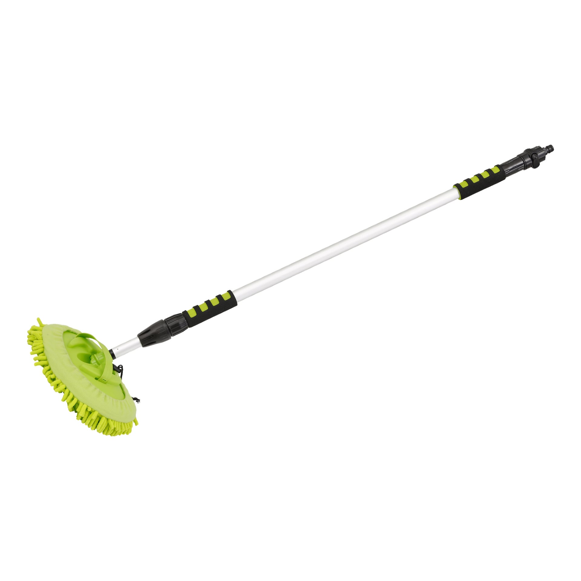 Hamron Telescopic Wash Brush visar upp ett runt grönt mikrofiberhuvud fäst vid en silverstång med svarta och gröna grepp. Handtaget kan justeras för att anpassa längden för användarvänlighet.
