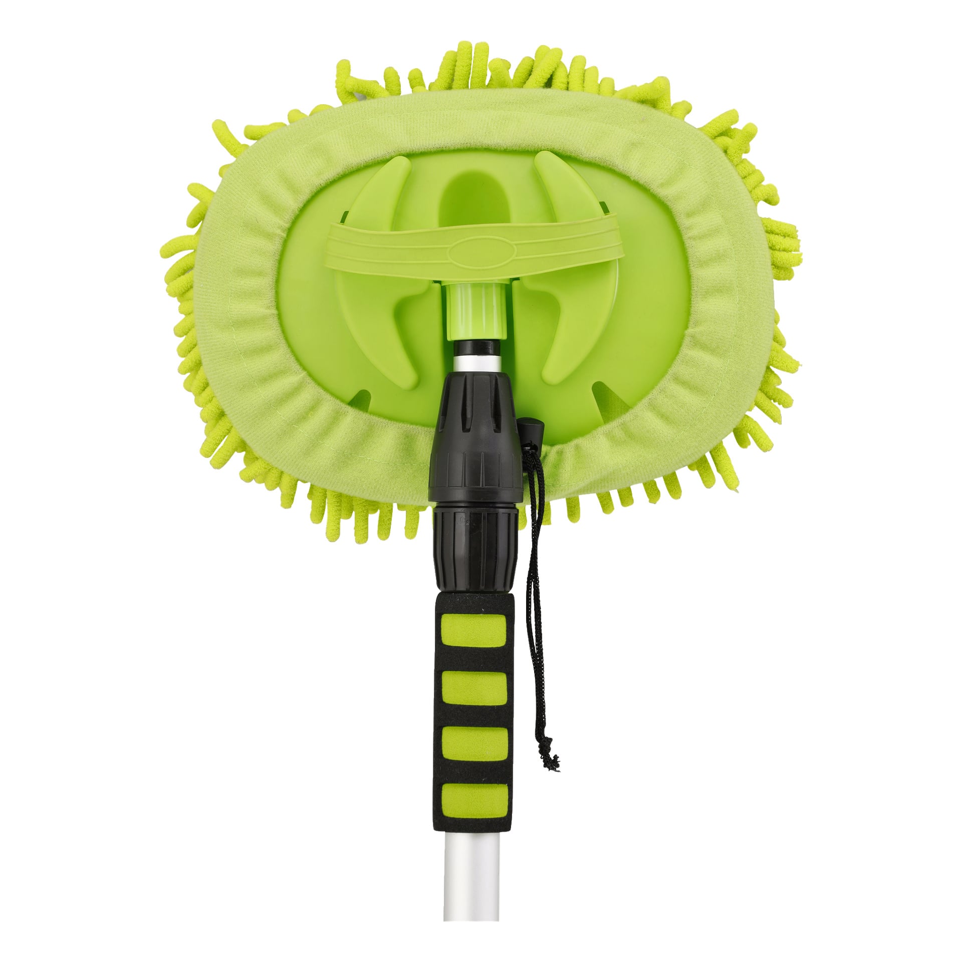 Närbild av Hamron Telescopic wash brush, med ett grönt chenille-mikrofibertyghuvud och ett justerbart handtag med svarta och gröna grepp, sedd bakifrån.