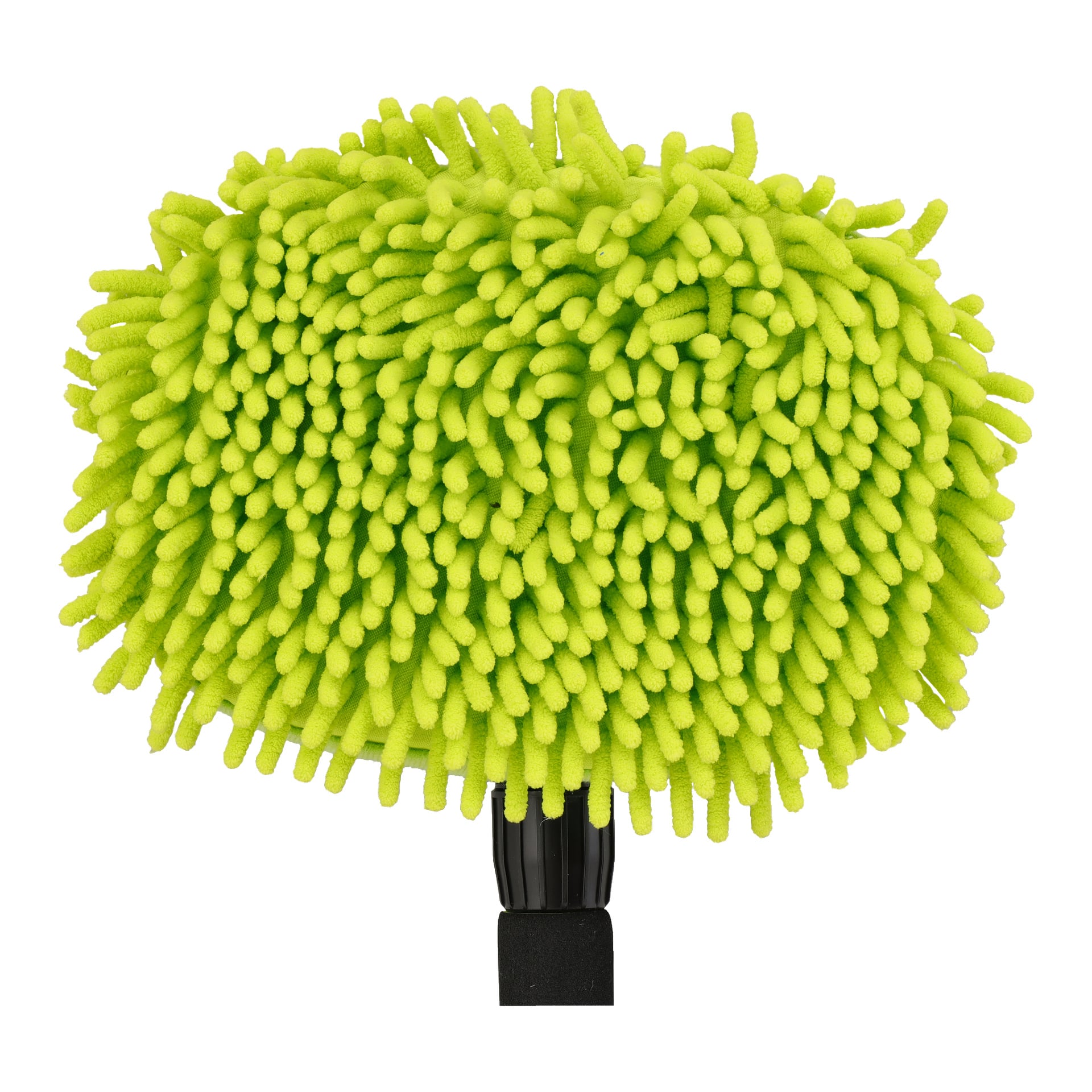 En närbild på Hamron Telescopic washbrush som visar dess mikrofibertyg med livfulla gröna chenillesträngar och ett svart justerbart handtag.