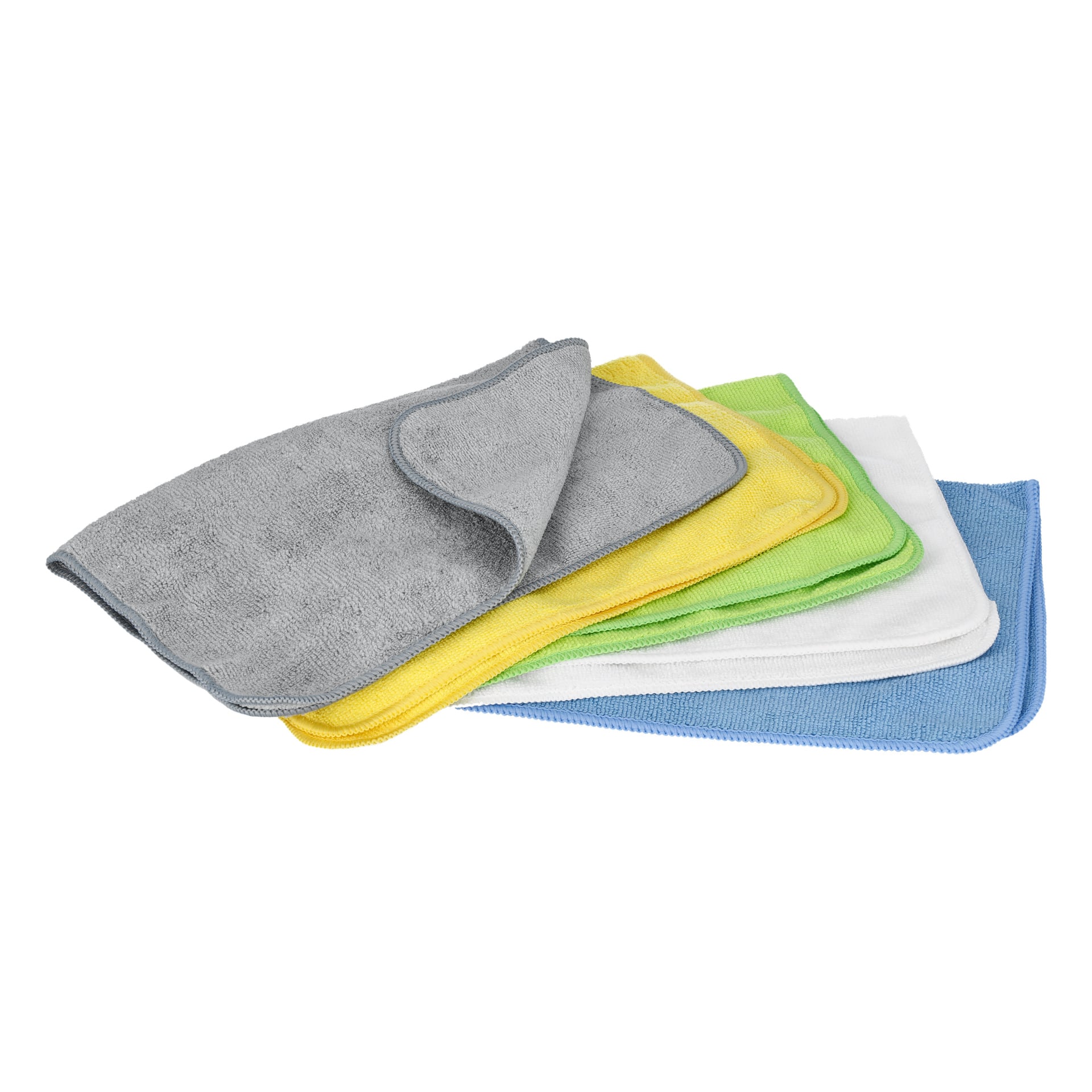 Fem Hamron Microfiber-tyger i grått, gult, grönt, vitt och blått är arrangerade i en solfjäderform.