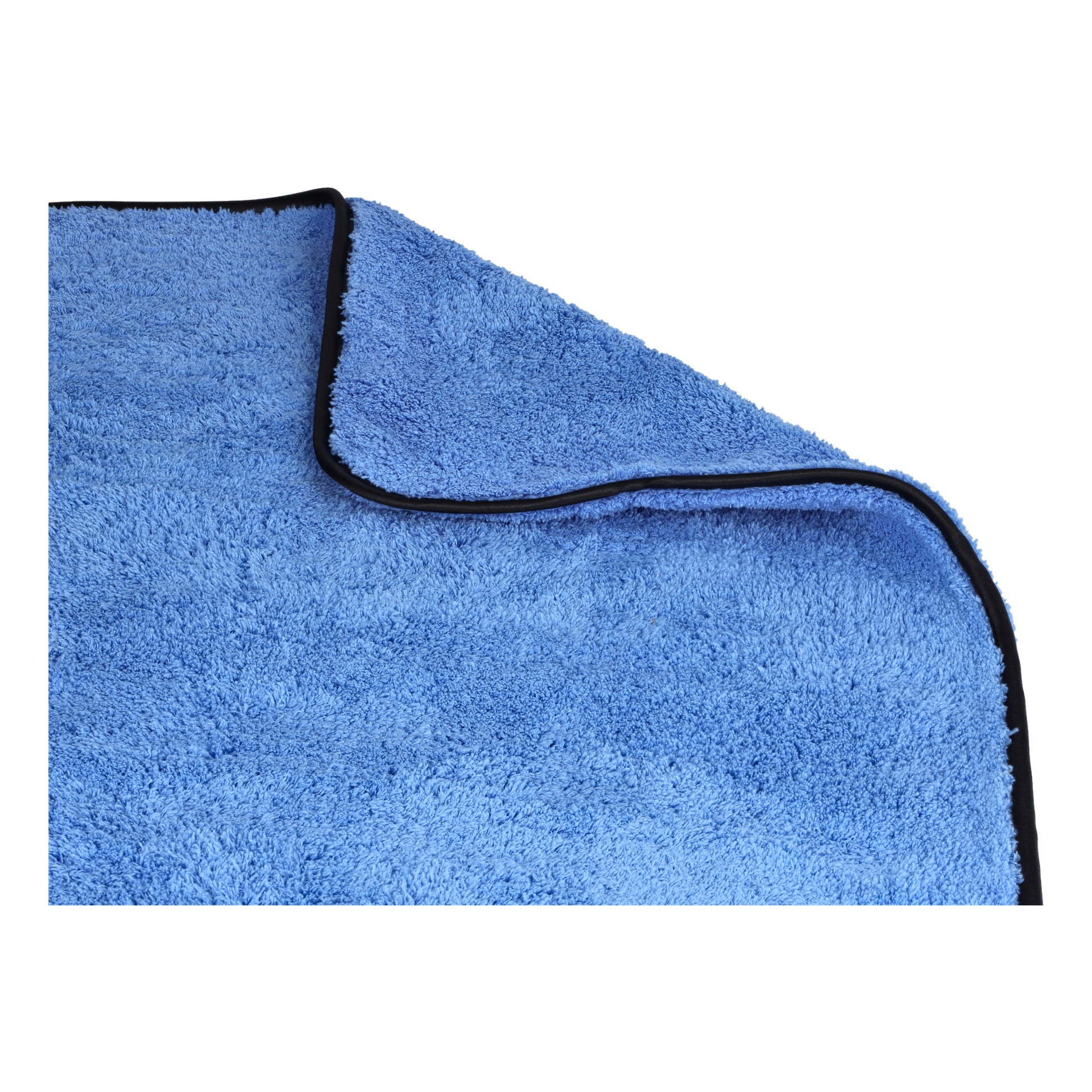 En närbild på ett blått Hamron Microfiber-tyg med svart kant, delvis vikt i ett hörn.