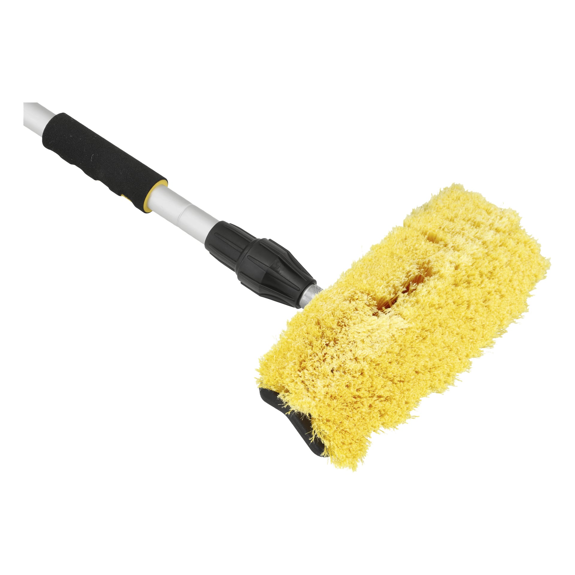En närbild av Hamron Telescopic Wash Brush visar dess gula rektangulära huvud med tjocka borststrån, fäst vid ett justerbart handtag i silver och svart.
