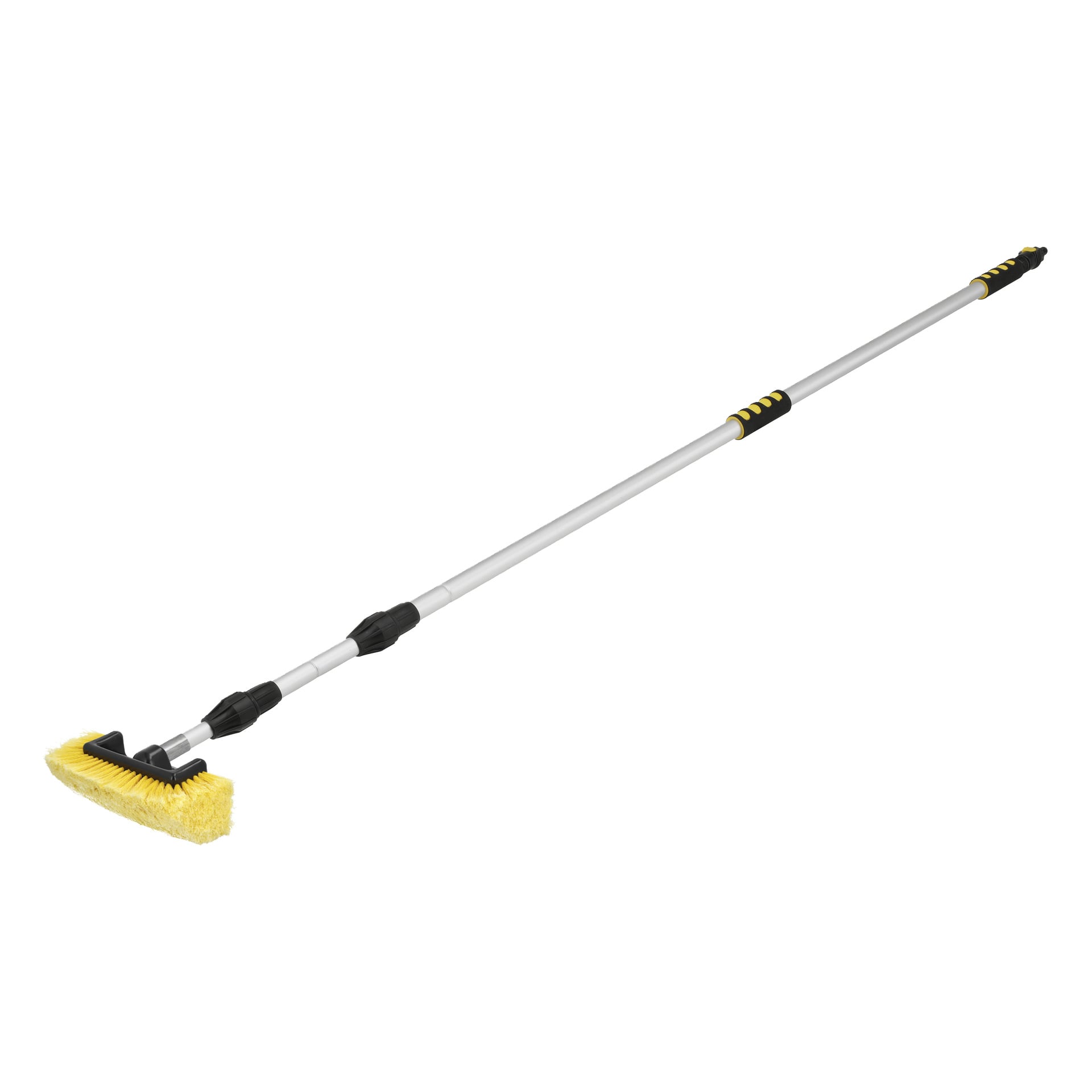 Hamron Telescopic Wash Brush har ett gult borsthuvud, ett utdragbart handtag i silver och svarta gummigrepp.